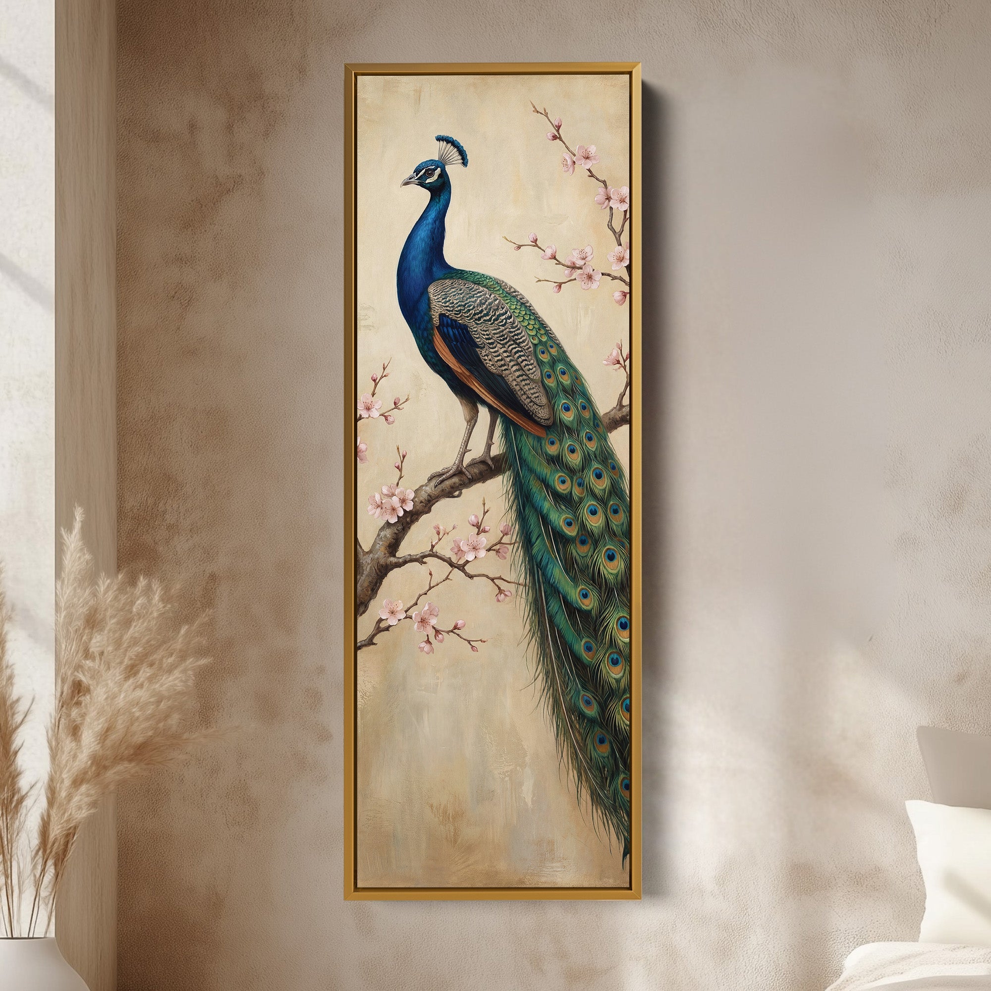 Peacock On Branch Large Wall Art Framed Canvas Print Office