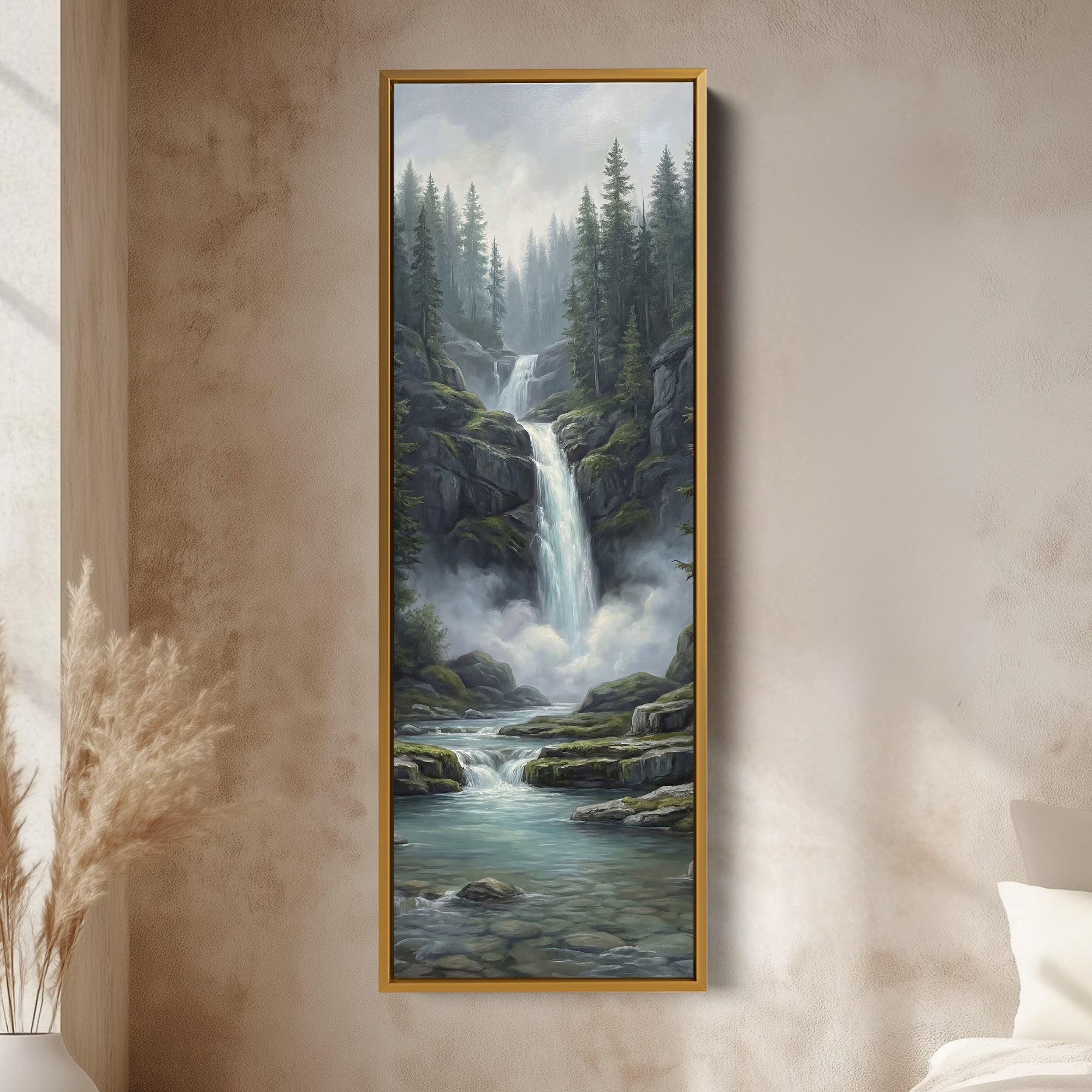 Pine Forest Falls Large Wall Art Framed Canvas Print Living Room
