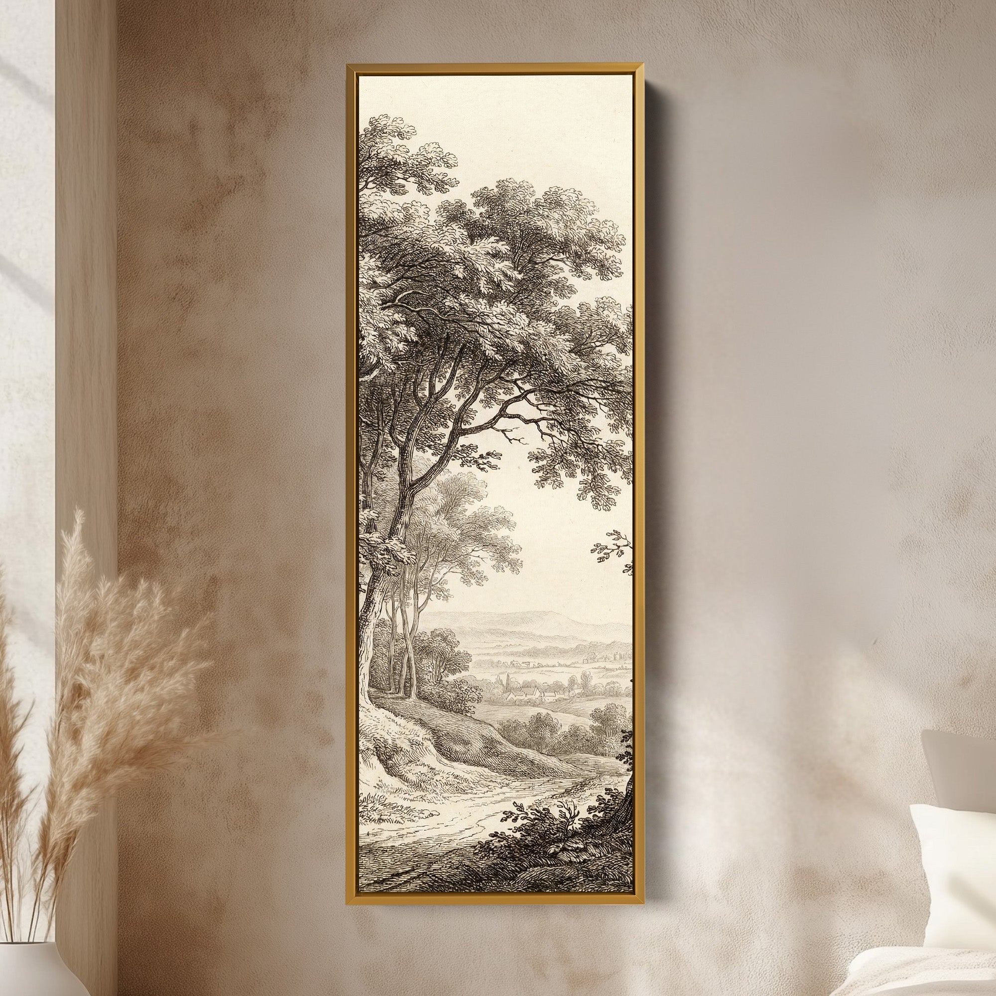 Vertical Wall Art Vintage Countryside Engraving Framed Canvas Living Room