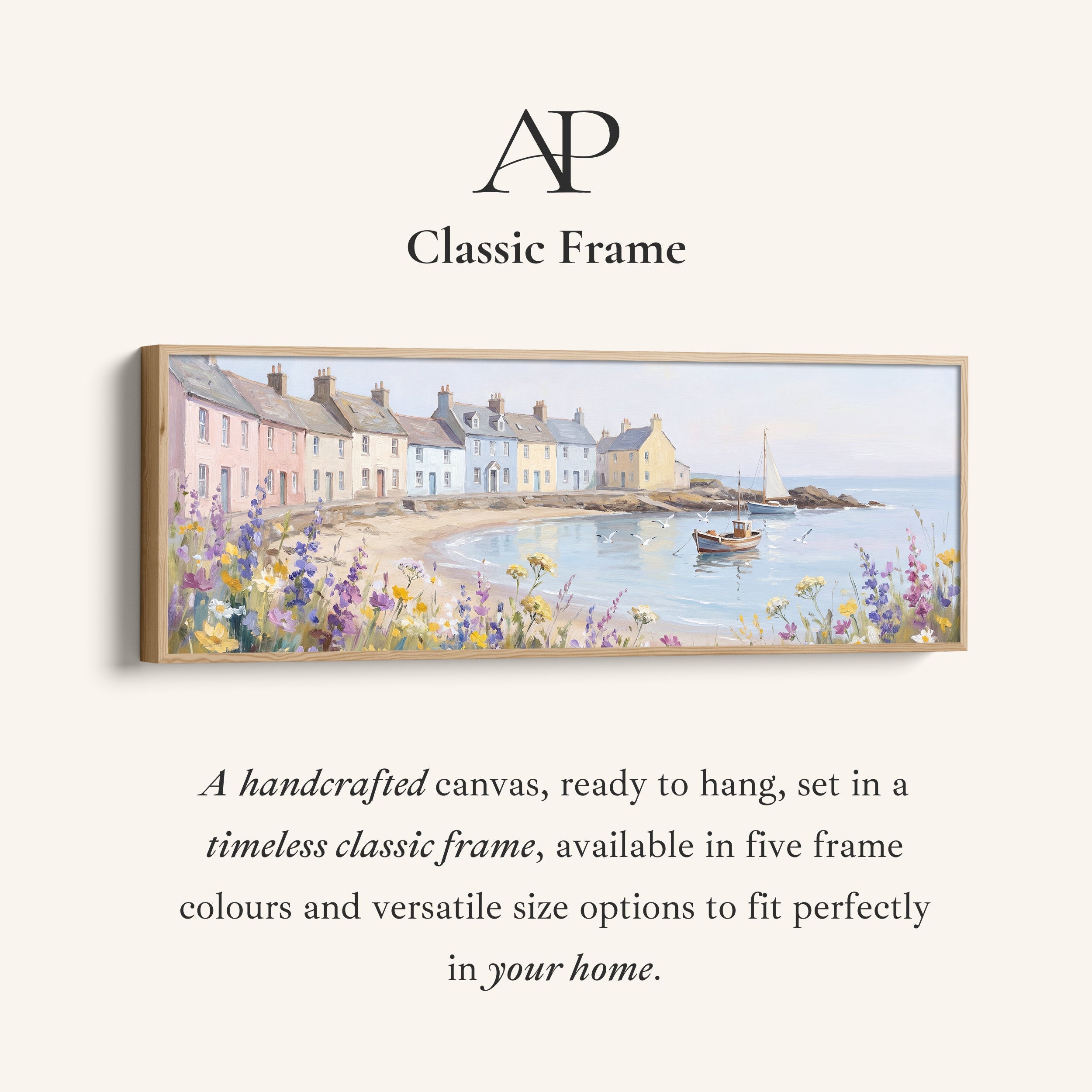 Panoramic Wall Art Pastel Seaside Cottages Long Canvas For Living Room