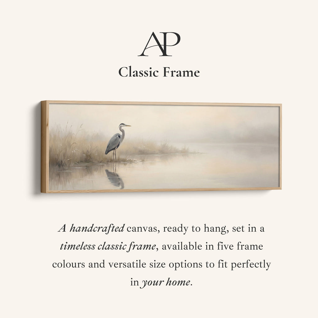 Heron In Foggy Water Wide Framed Canvas Extra Wide Canvas Bedroom