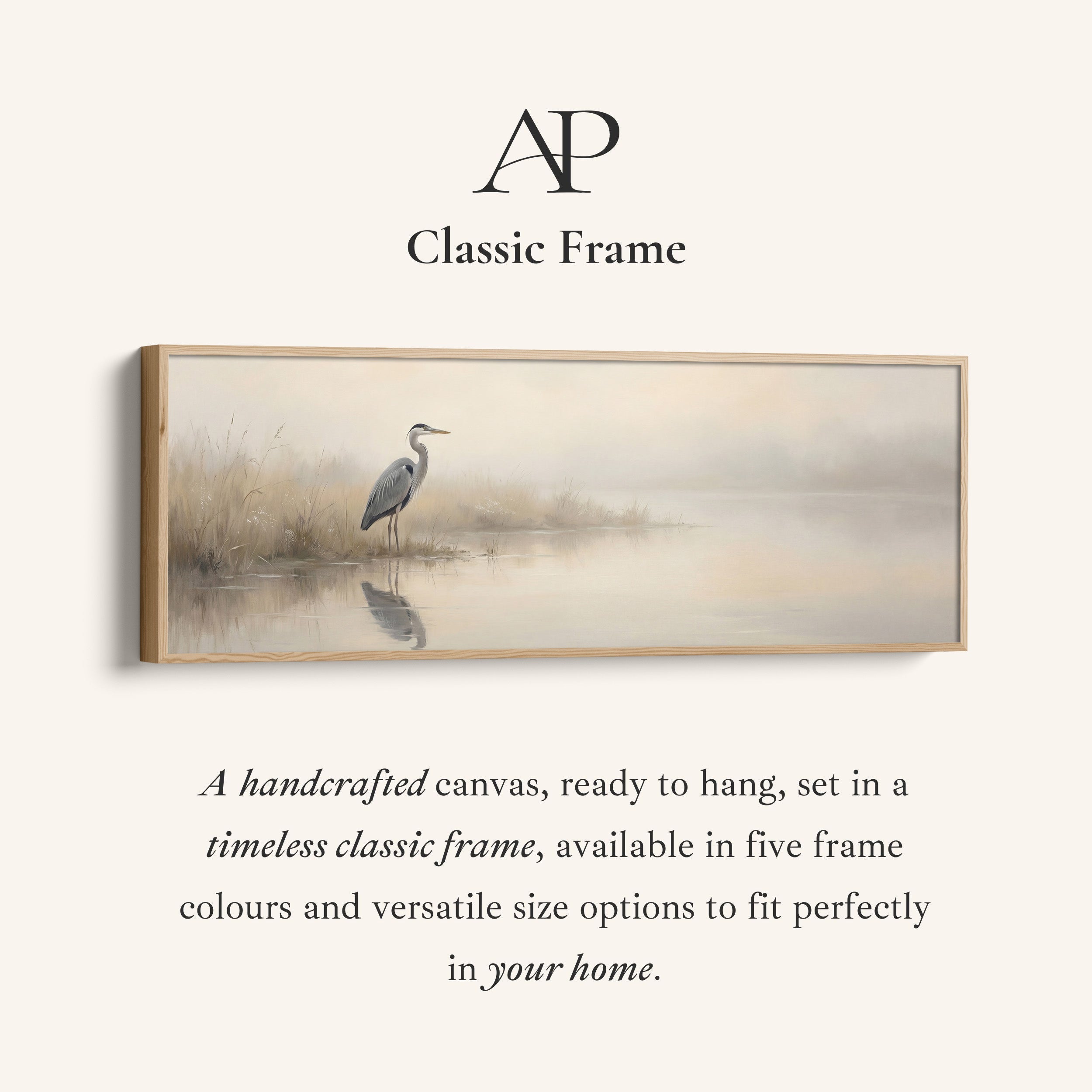 Heron In Foggy Water Wide Framed Canvas Extra Wide Canvas Bedroom