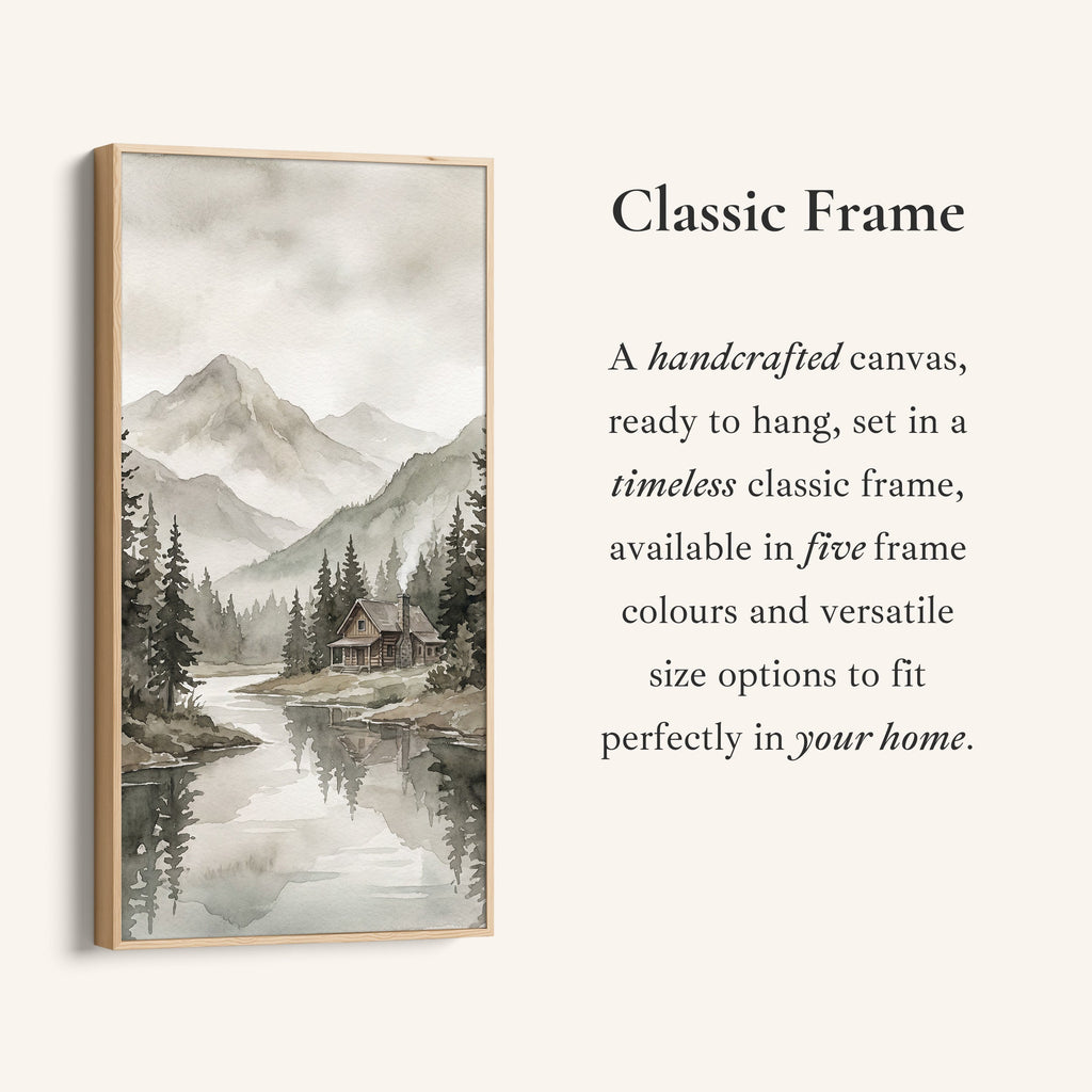 Vertical Wall Art Misty Mountain Lake Cabin Tall Canvas For Living Room