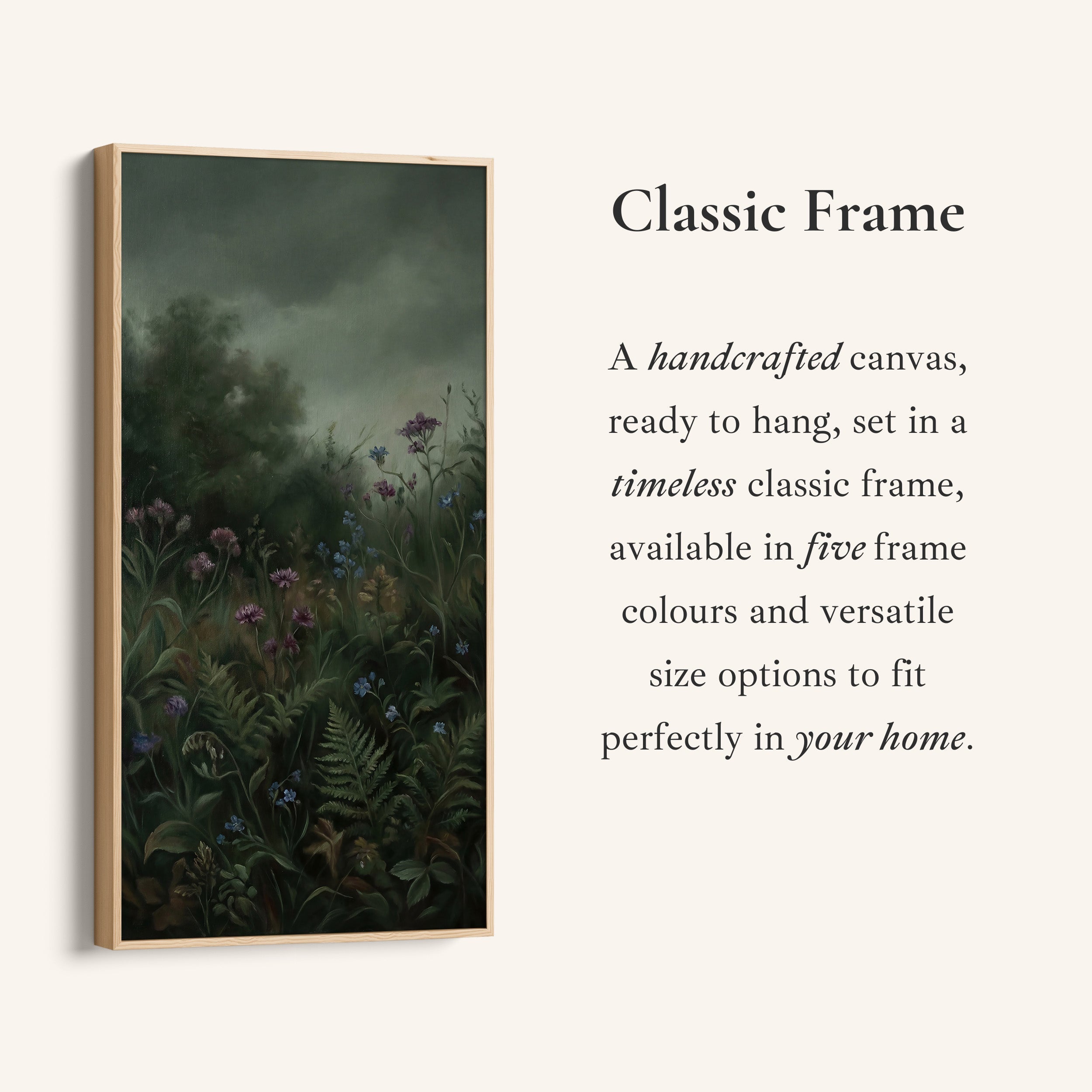 Large Vertical Wall Art Tall Framed Canvas Dark Forest Flowers And Ferns For Hallway