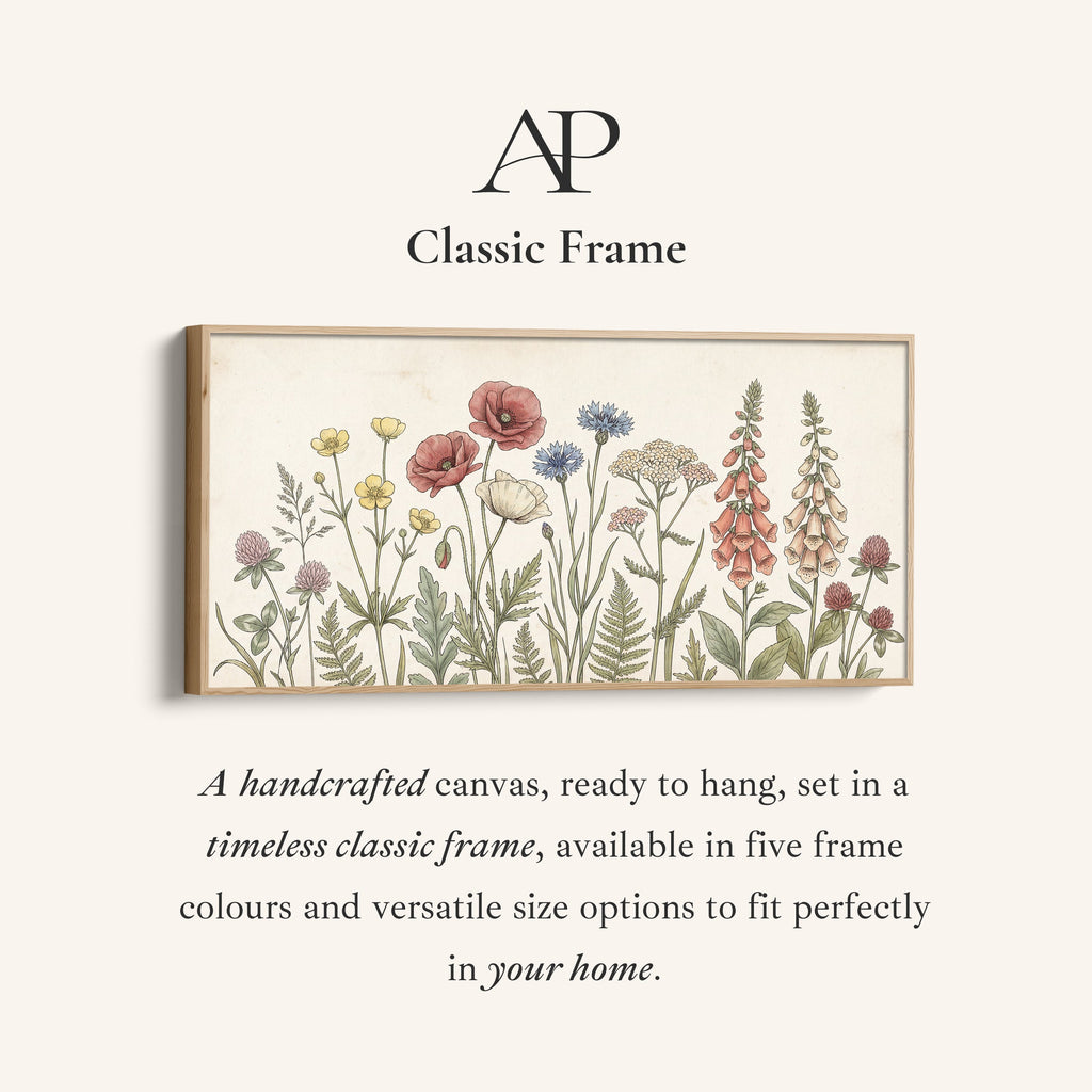 Panoramic Wall Art Vintage Meadow Flowers Illustration Extra Wide Canvas For Bedroom
