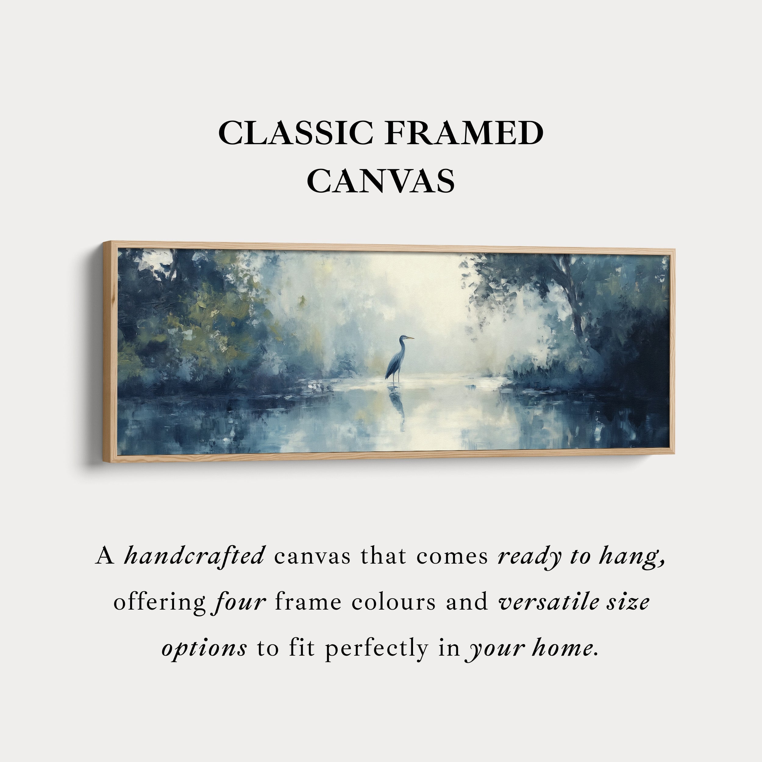 Muted Heron Long Horizontal Skinny Framed Canvas