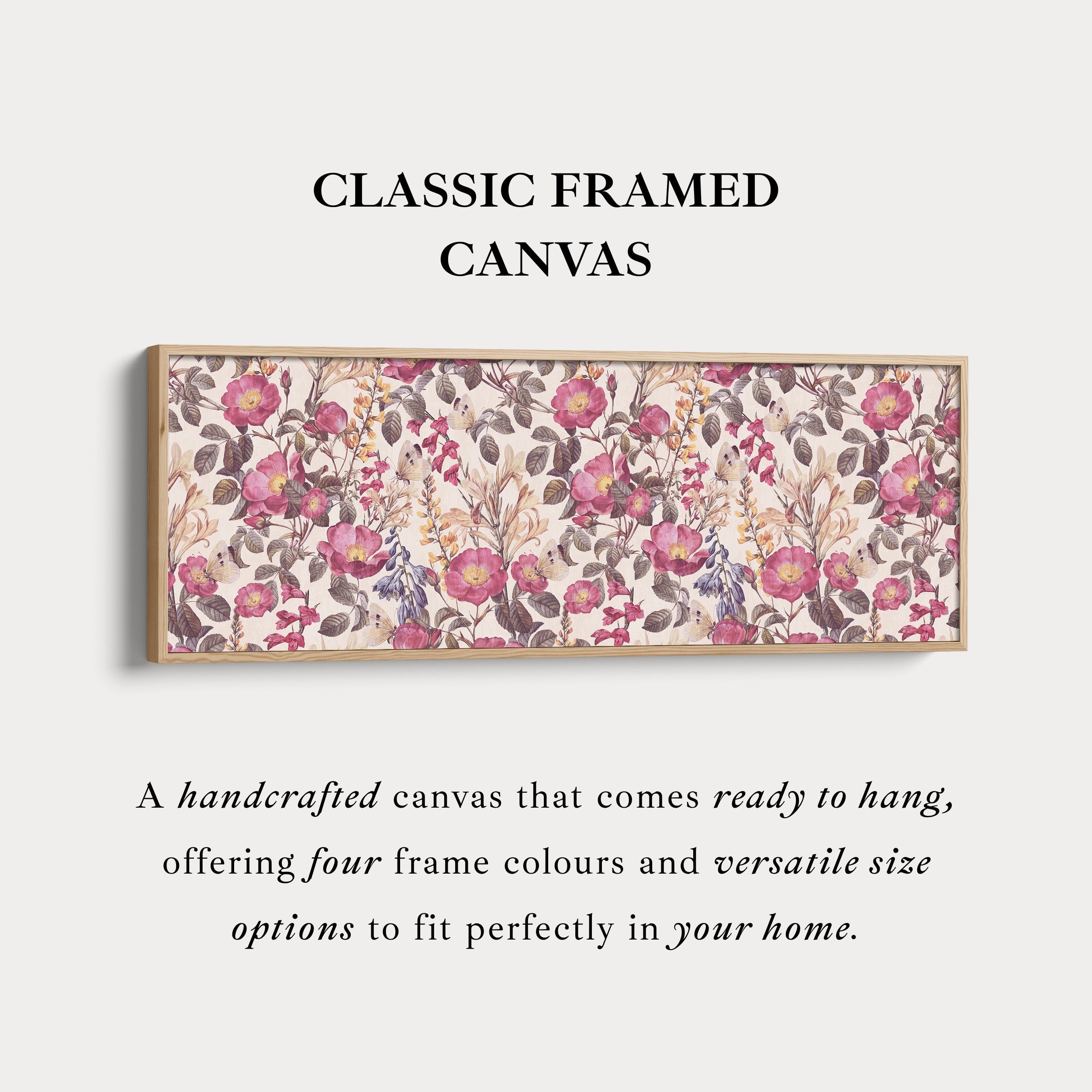 Horizontal wall art botanical floral repeat pattern with butterflies for living room or bedroom