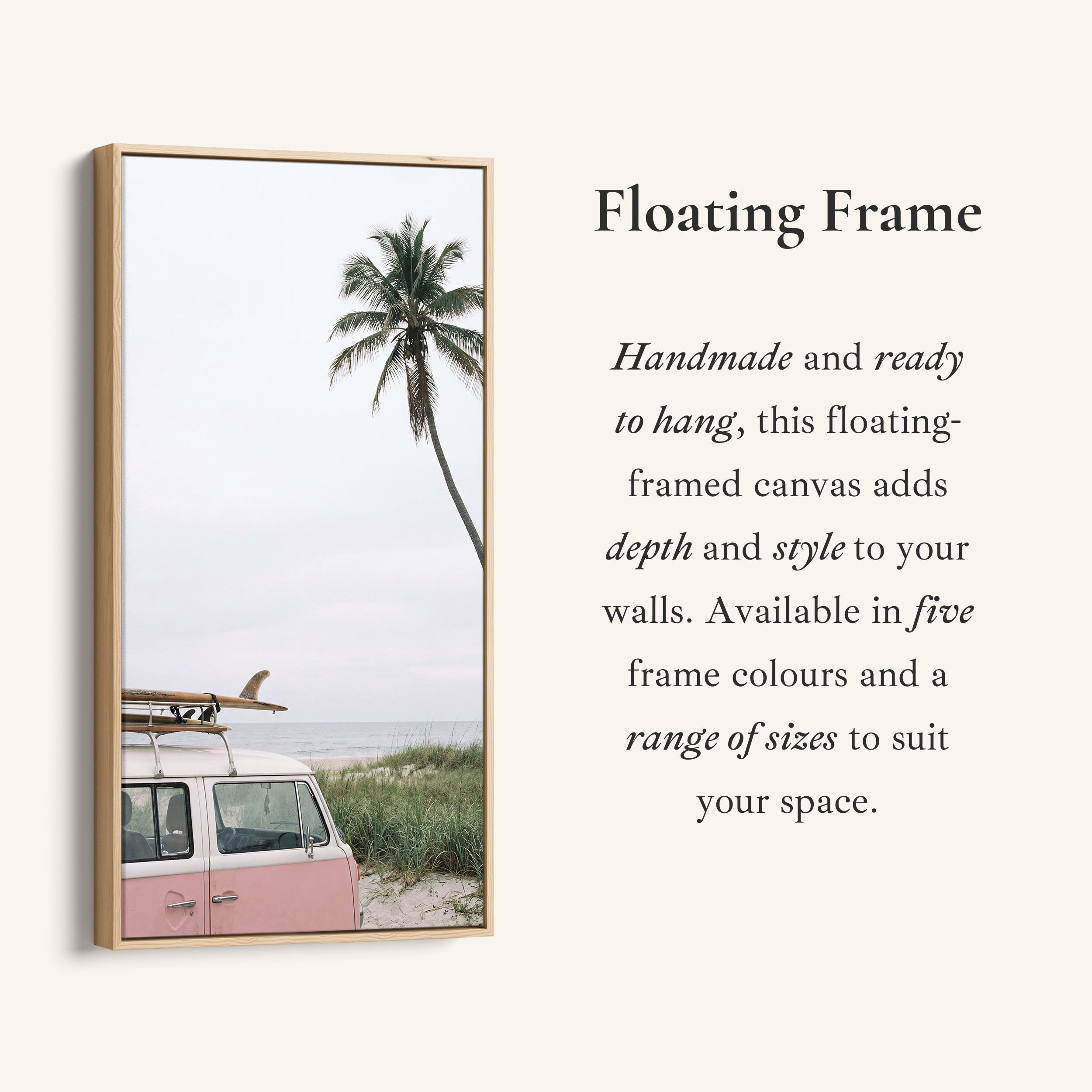 Surf Van And Palm Tree Narrow Wall Art Framed Canvas Print For Bedroom