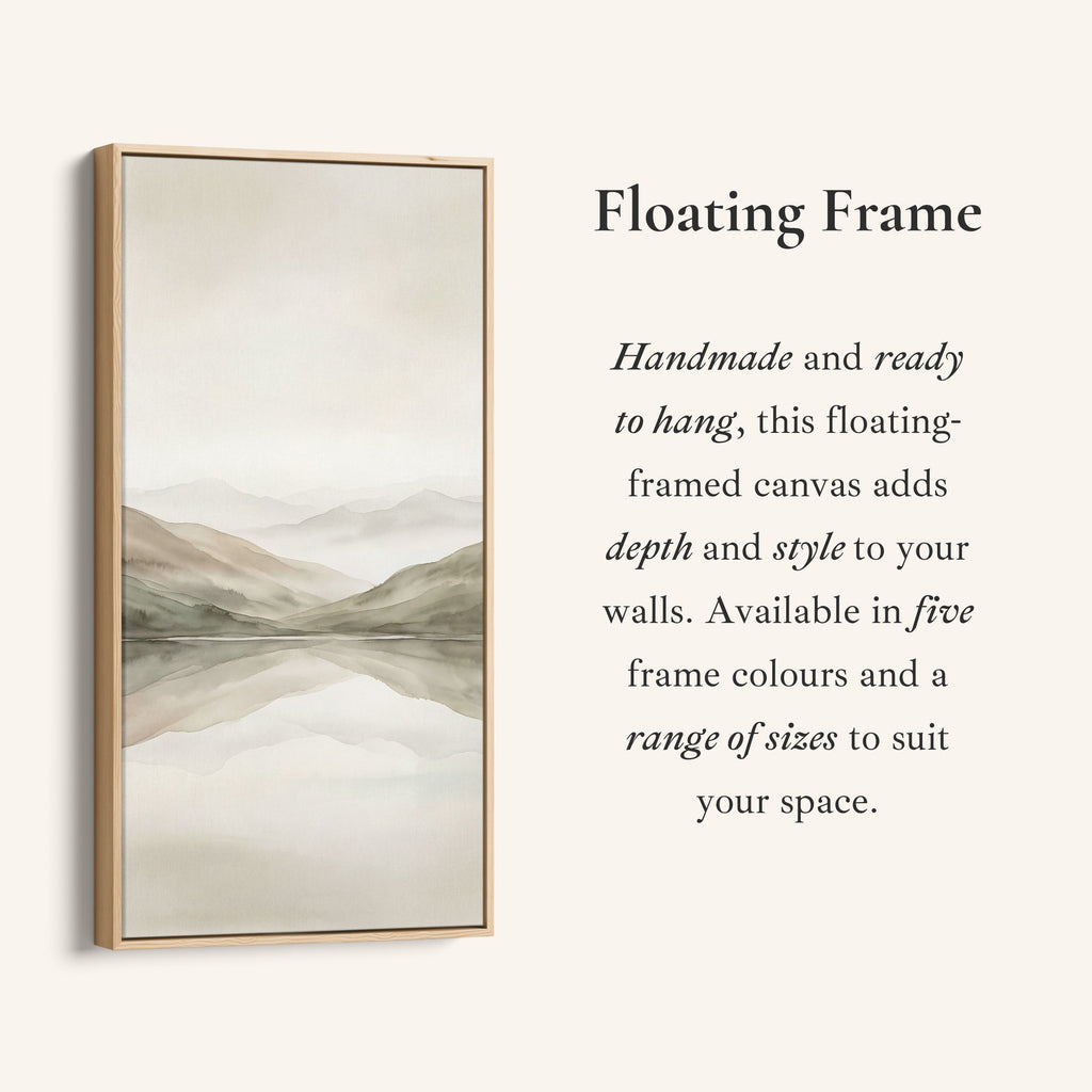 Minimal Misty Mountains Reflection Tall Narrow Canvas Framed Canvas Print For Bedroom