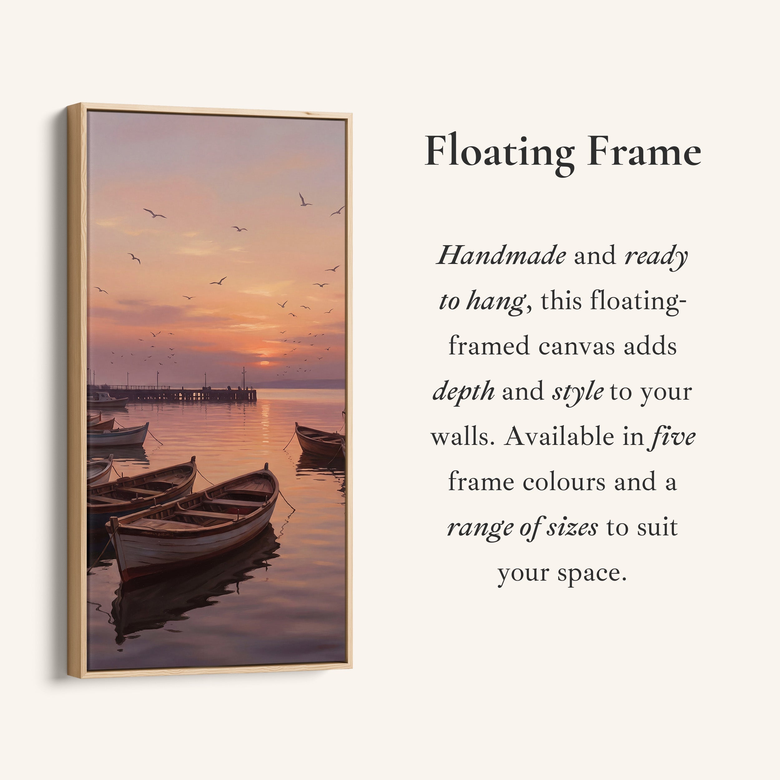 Boats Harbour Sunset Narrow Wall Art Framed Canvas Print For Bedroom