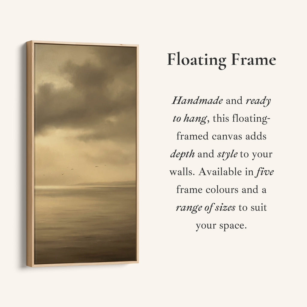 Tall Framed Canvas Muted Seascape With Birds Portrait Wall Art For Kitchen