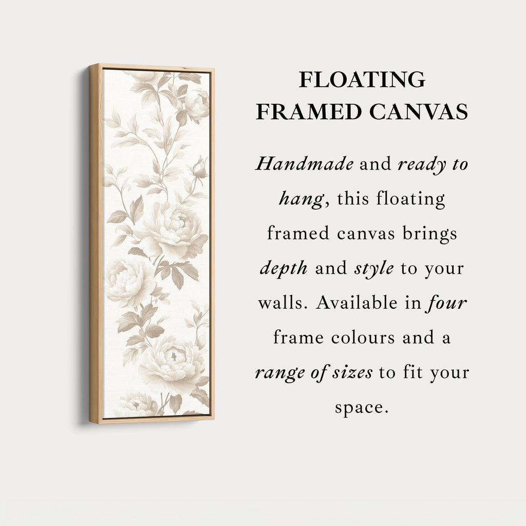 Vertical Beige Peonies Floral Long Framed Canvas Decor