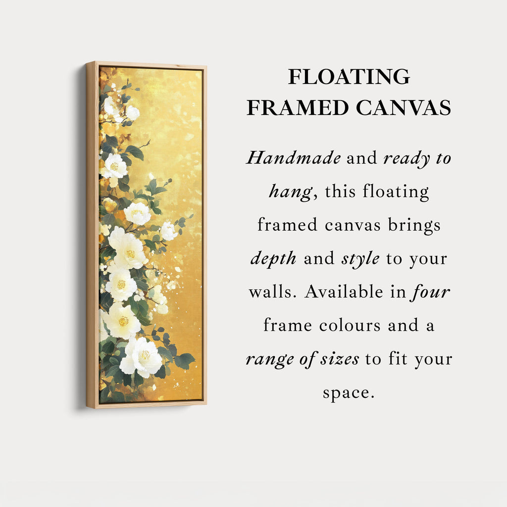 Vertical White & Gold Floral Long Framed Canvas Decor