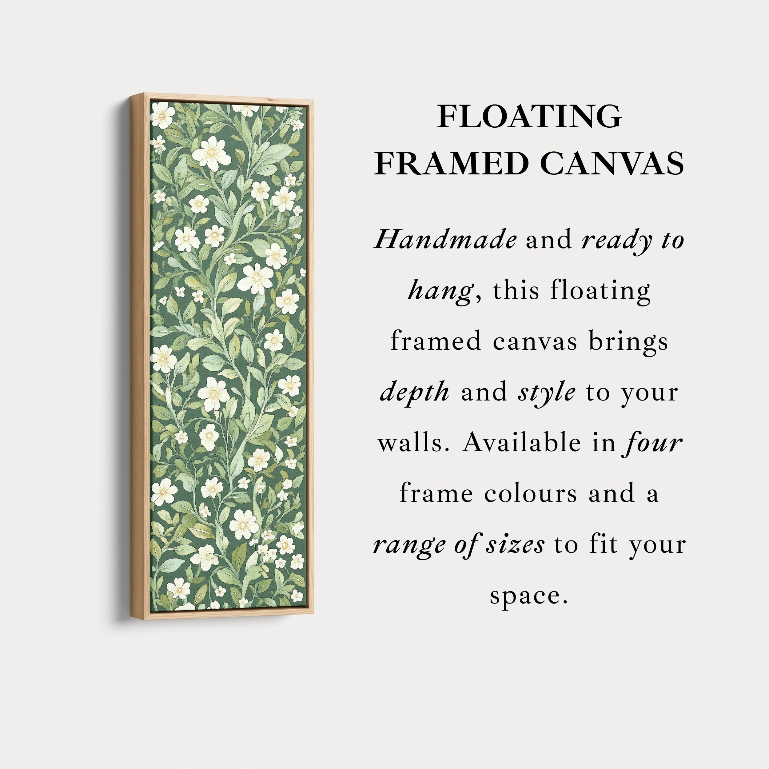 Framed Canvas Narrow Vertical White & Green Floral