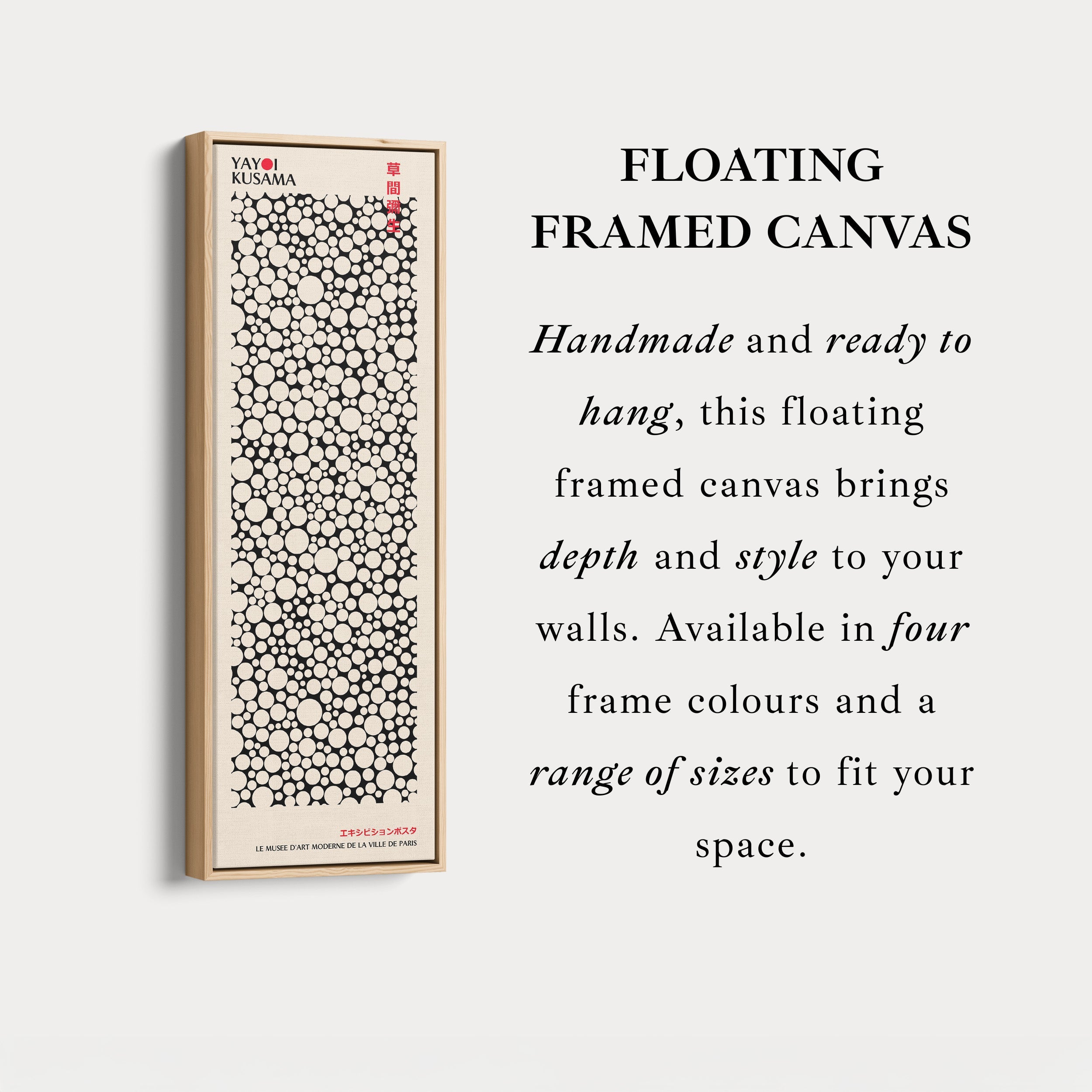 Yayoi Kusama Style Long Framed Canvas – Large Vertical Japanese Abstract Wall Art, Japandi Style, Japanese Poster Print