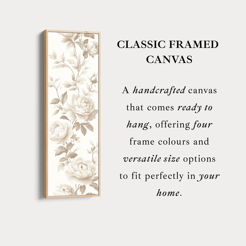 Vertical Beige Peonies Floral Long Framed Canvas Decor
