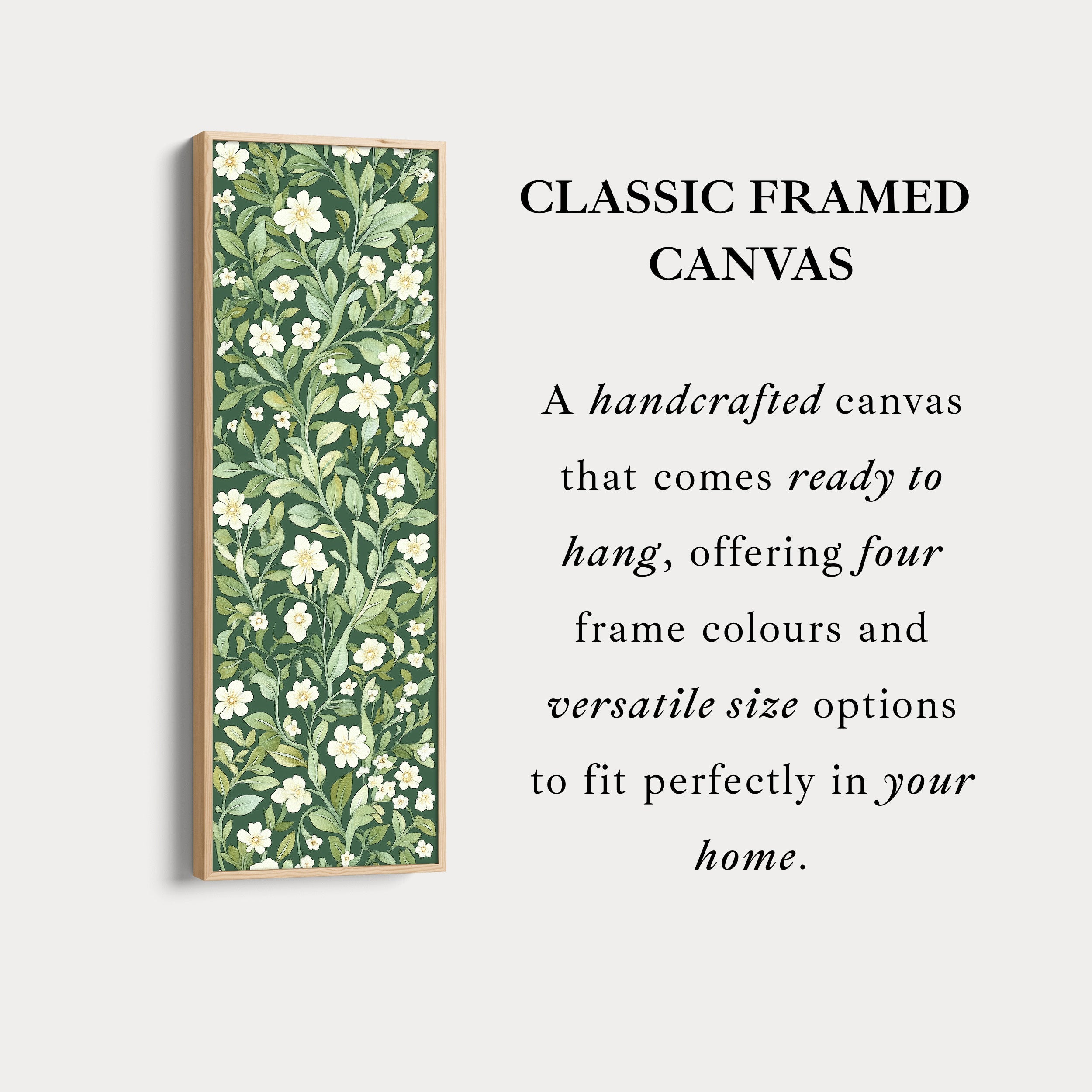Framed Canvas Narrow Vertical White & Green Floral