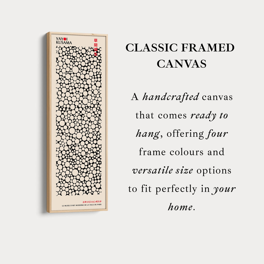 Yayoi Kusama Style Long Framed Canvas – Large Vertical Japanese Abstract Wall Art, Japandi Style, Japanese Poster Print