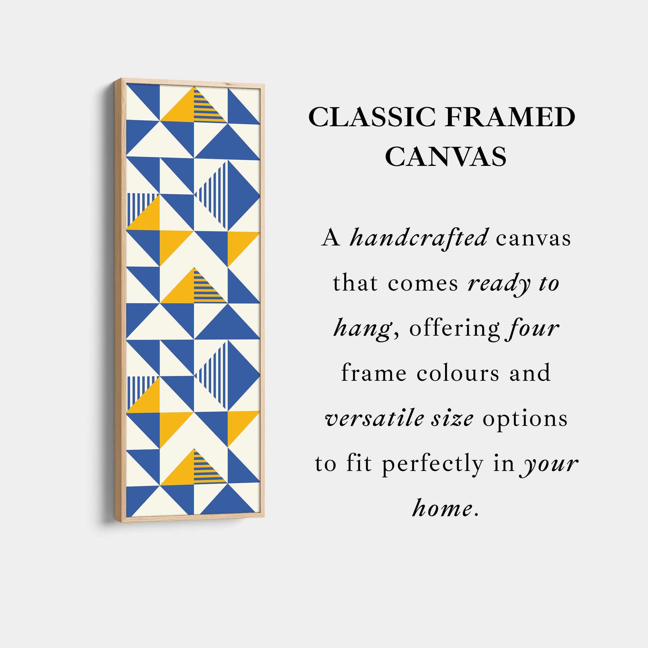 Retro Blue and Yellow Triangles Vertical Framed Canvas Wall Art for Bedroom or Hallway