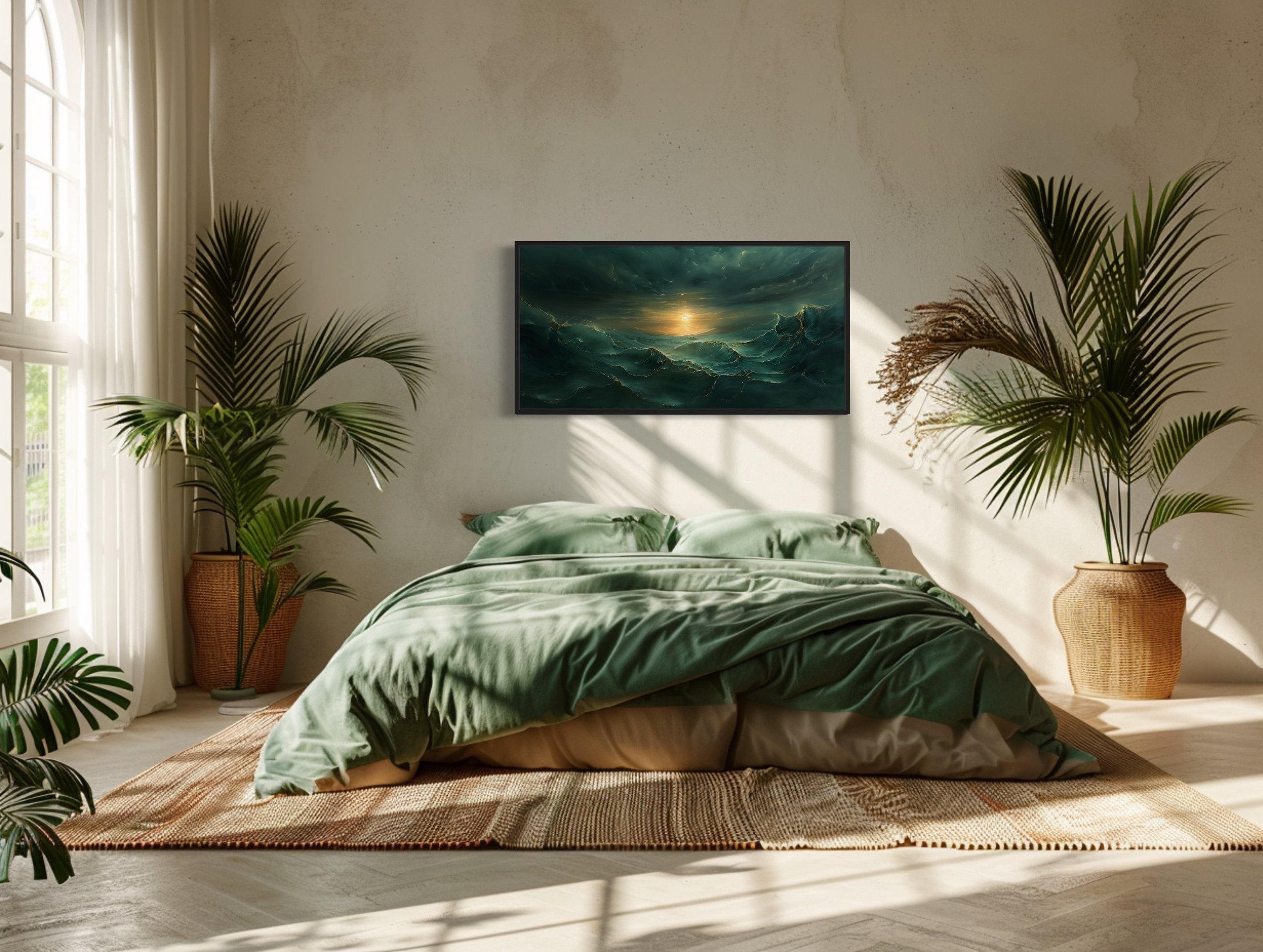 Abstract Emerald Green Gold Ocean Wave Framed Canvas Wall Art