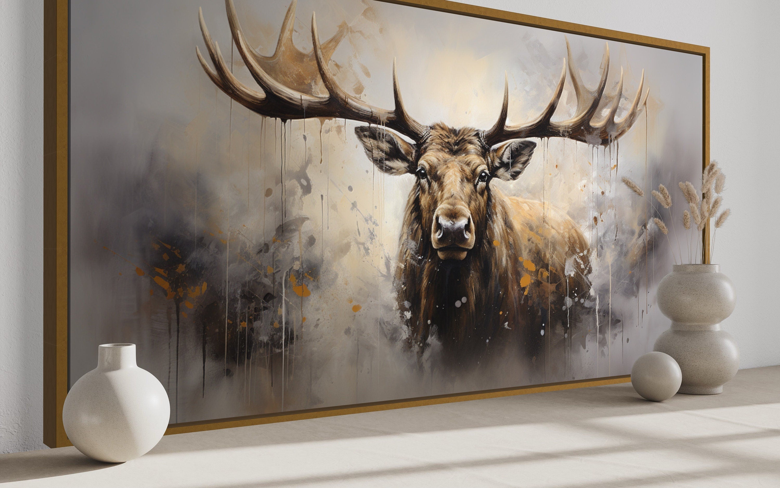 Abstract Moose Wall Art - Extra Large Framed Moose Canvas Print | Rustic Cabin Decor
