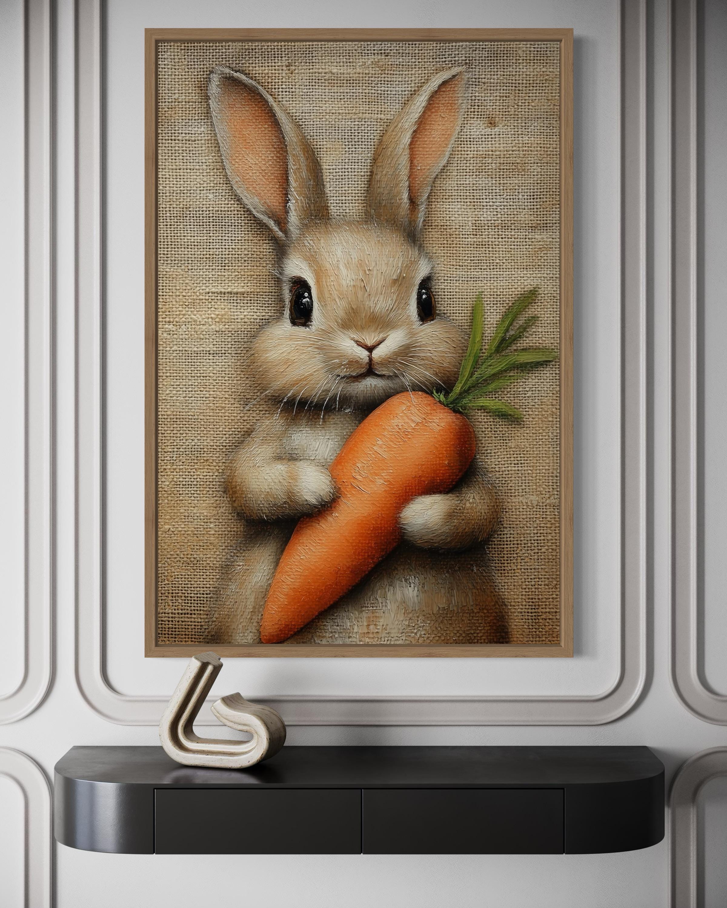 Adorable Bunny Holding Carrot Framed Canvas Wall Art
