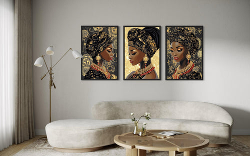 African American Black Woman With Gold Pattern Headwrap Set Of 3 Canvas Wall Art