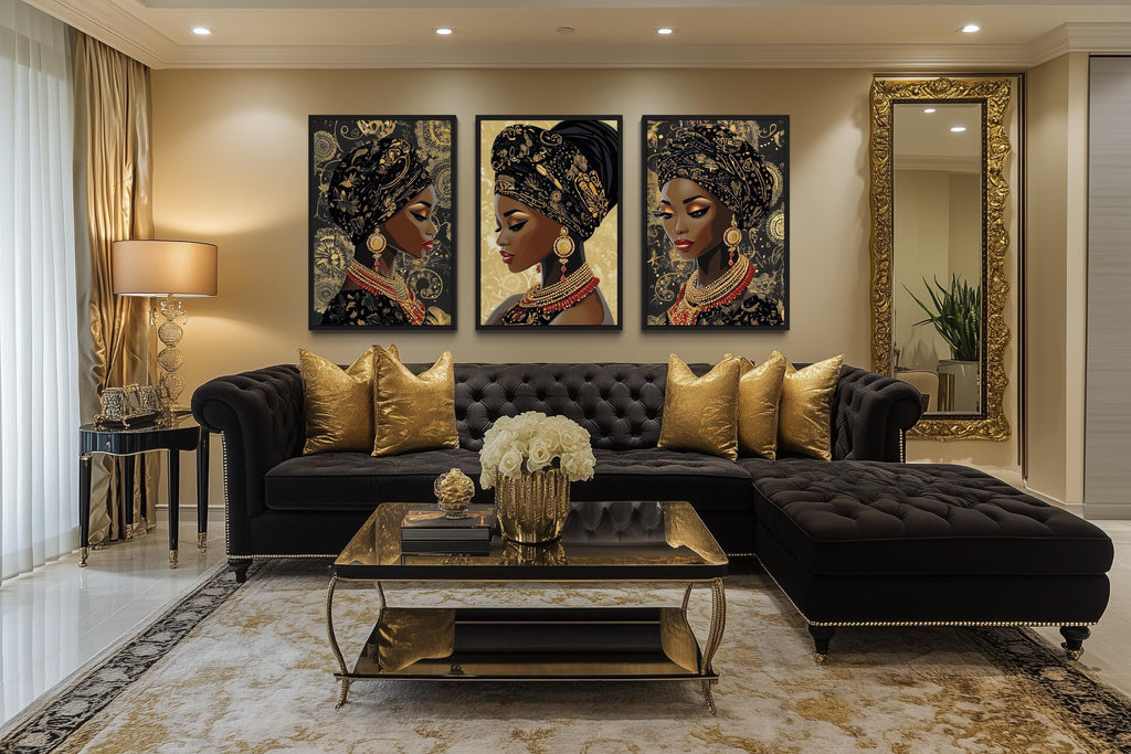 African American Black Woman With Gold Pattern Headwrap Set Of 3 Canvas Wall Art