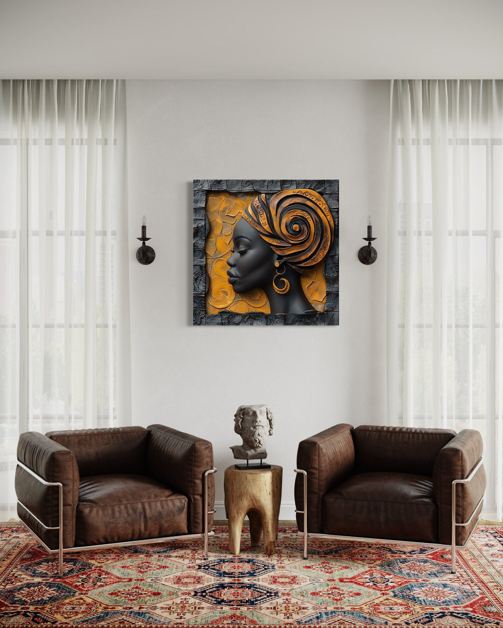African American Canvas Art – Modern Framed Canvas Print Featuring Elegant Turban Woman