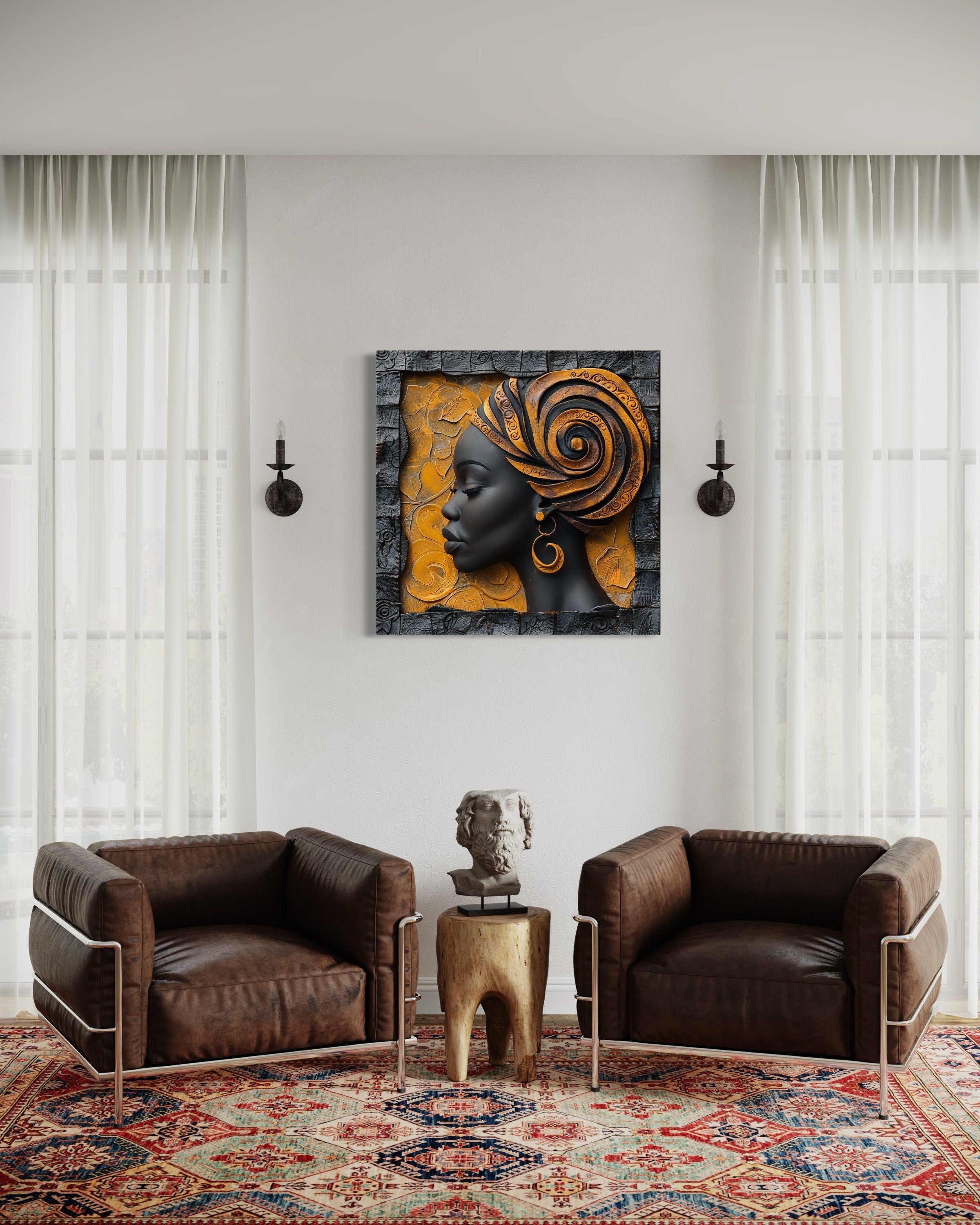 African American Canvas Art – Modern Framed Canvas Print Featuring Elegant Turban Woman