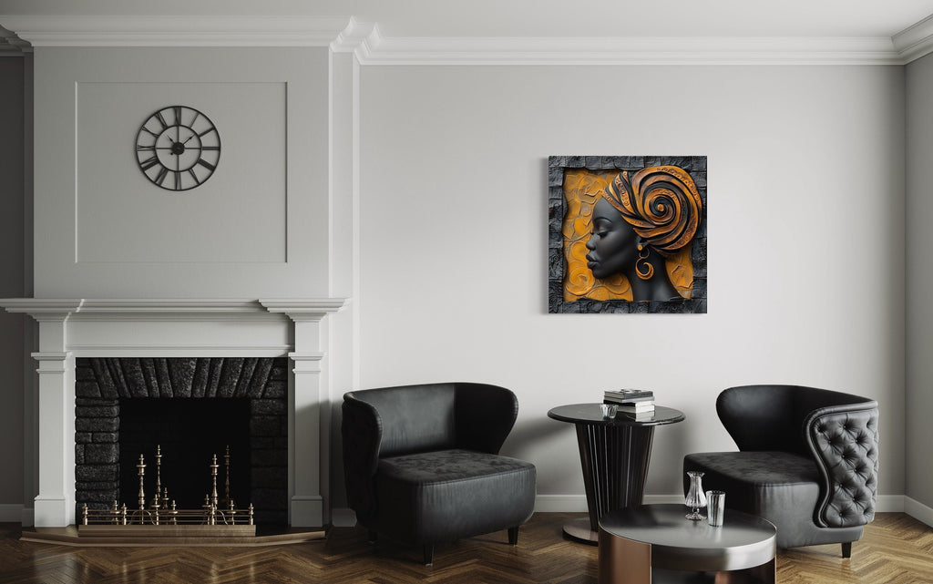 African American Canvas Art – Modern Framed Canvas Print Featuring Elegant Turban Woman