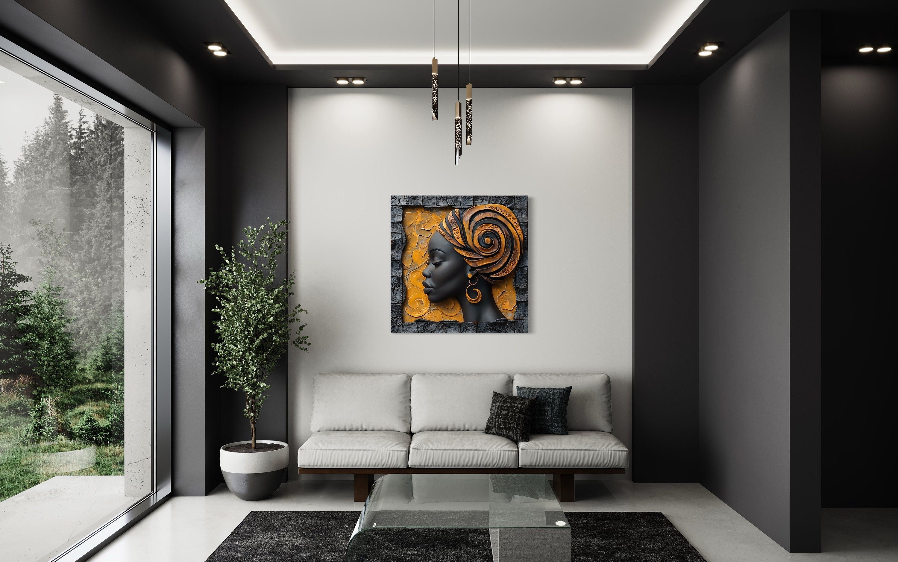 African American Canvas Art – Modern Framed Canvas Print Featuring Elegant Turban Woman