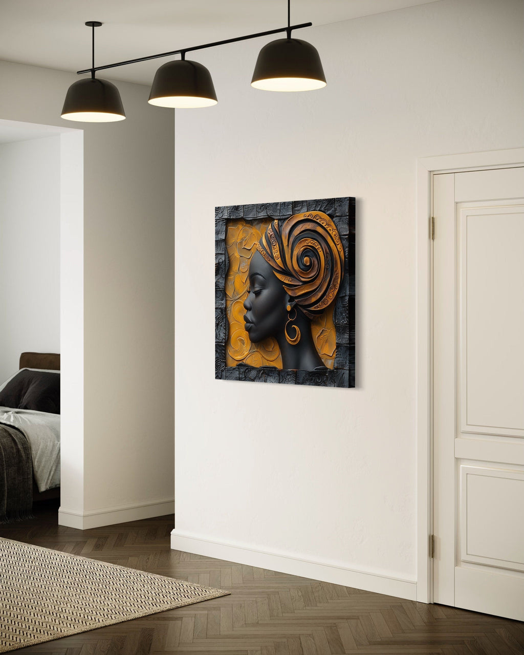 African American Canvas Art – Modern Framed Canvas Print Featuring Elegant Turban Woman