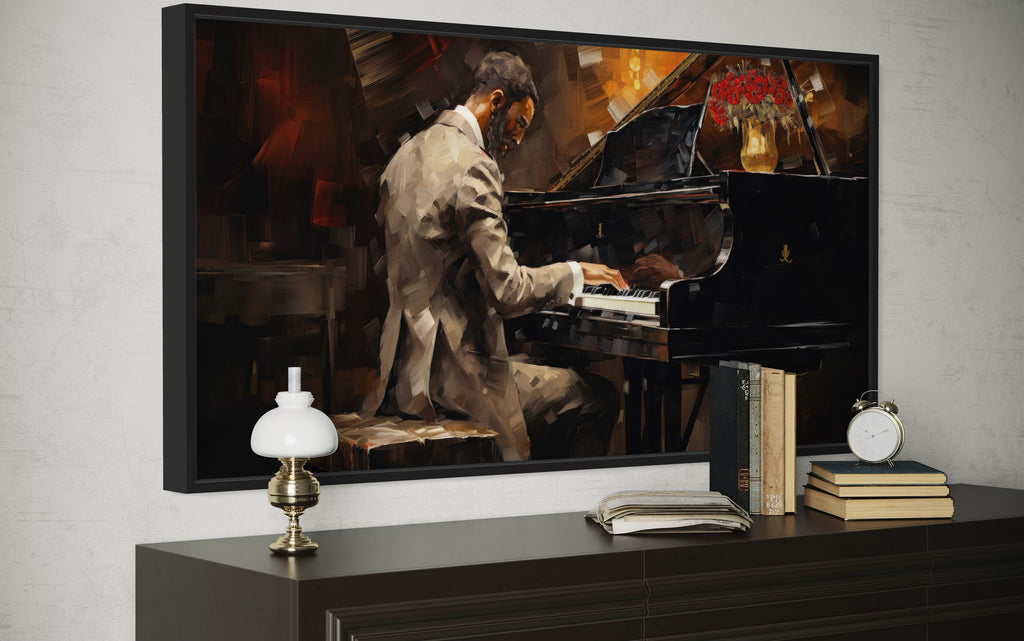 African American Piano Player Jazz Music Framed Canvas Wall Art