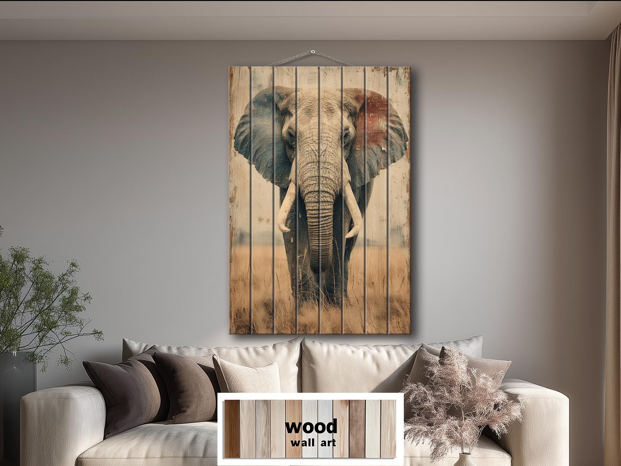 African Elephant Distressed Wood Wall Art  For Man Cave Decor