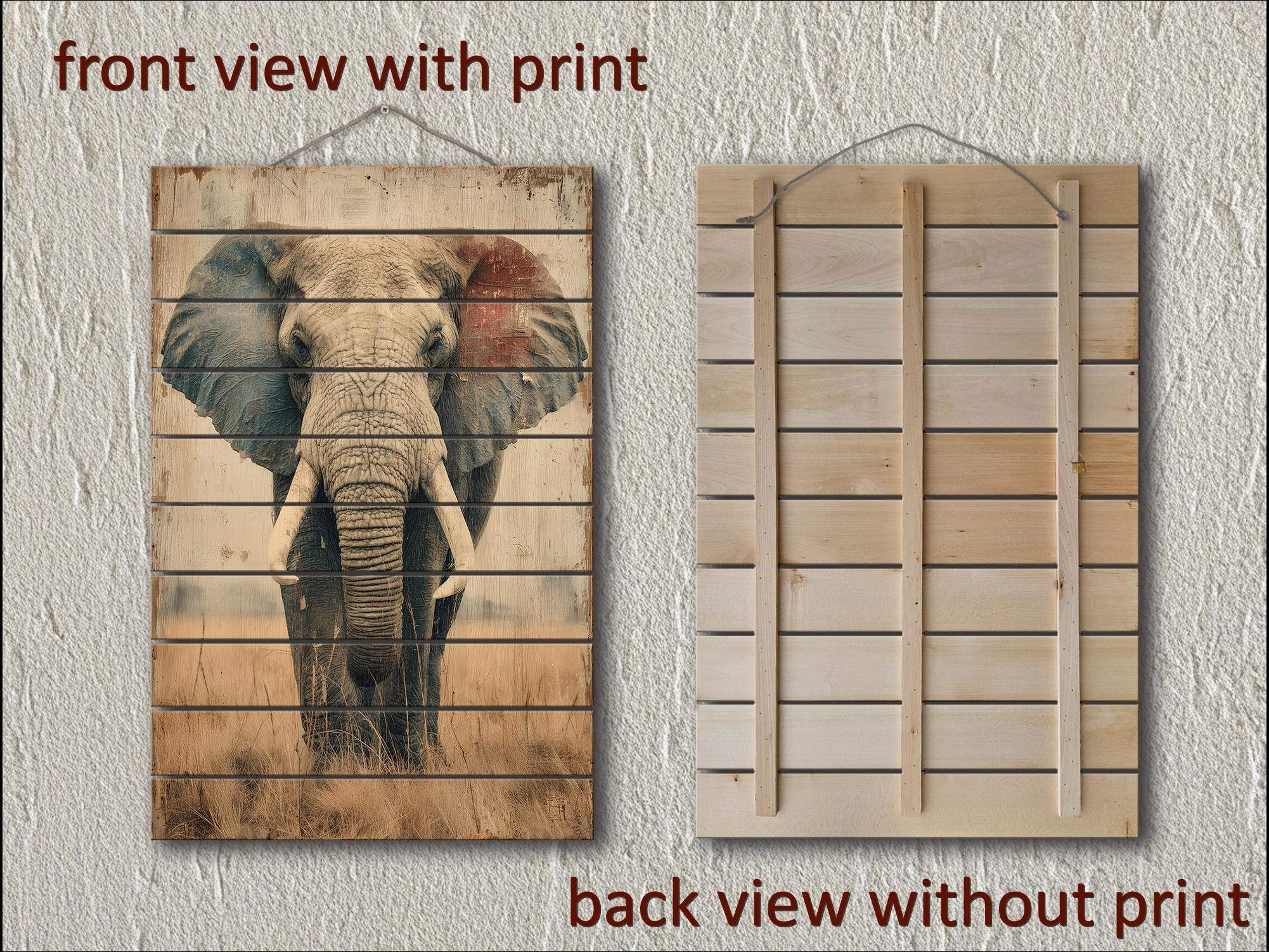 African Elephant Distressed Wood Wall Art  For Man Cave Decor