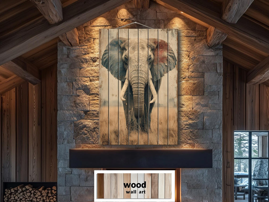 African Elephant Distressed Wood Wall Art  For Man Cave Decor
