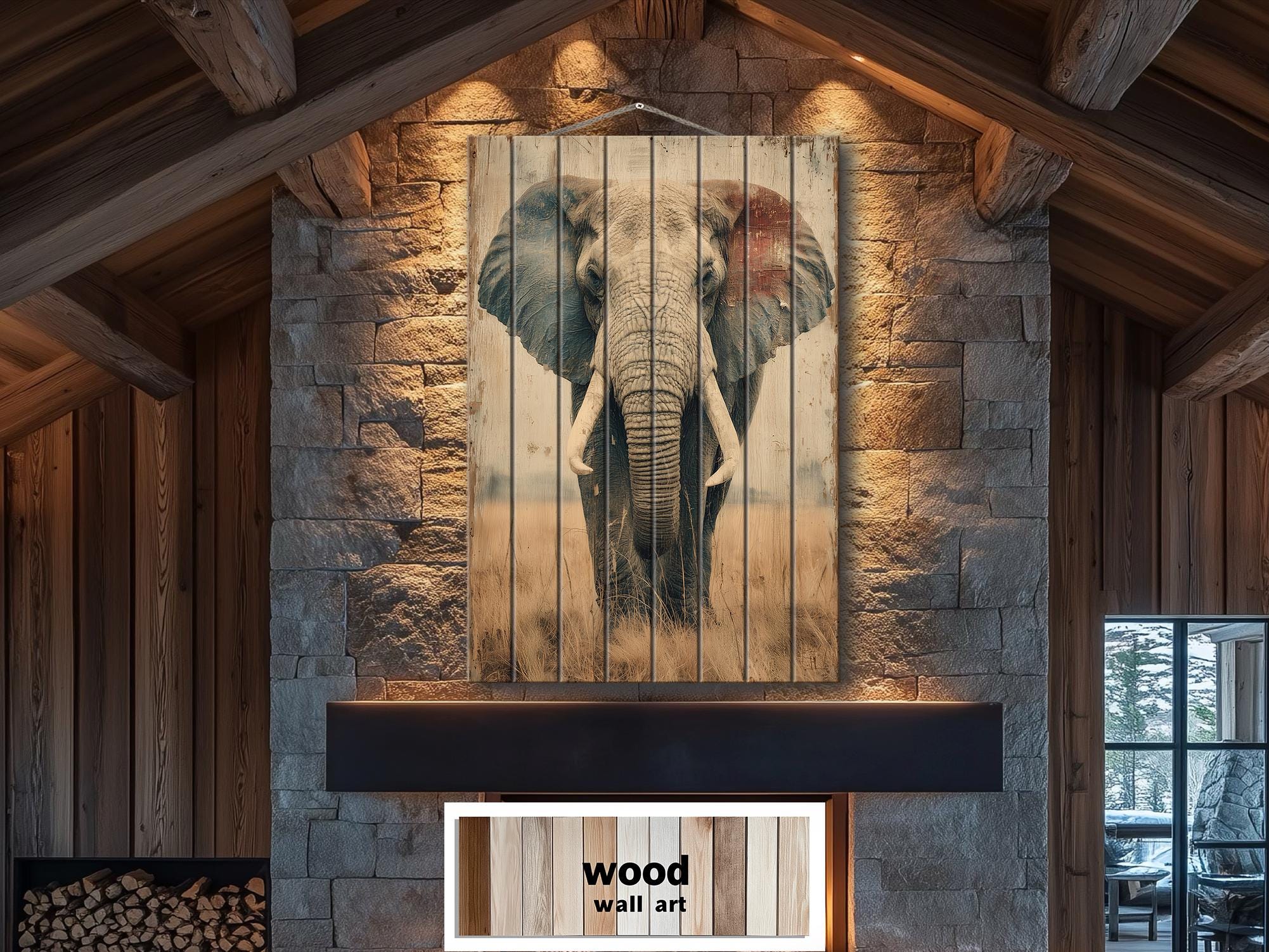 African Elephant Distressed Wood Wall Art  For Man Cave Decor
