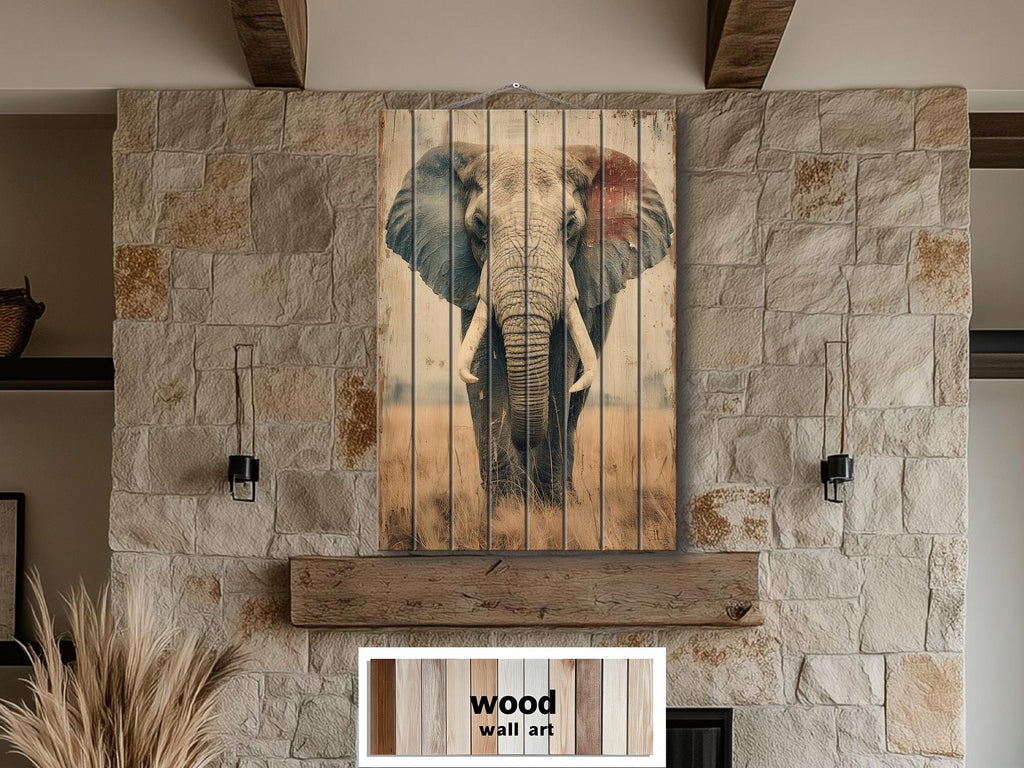 African Elephant Distressed Wood Wall Art  For Man Cave Decor