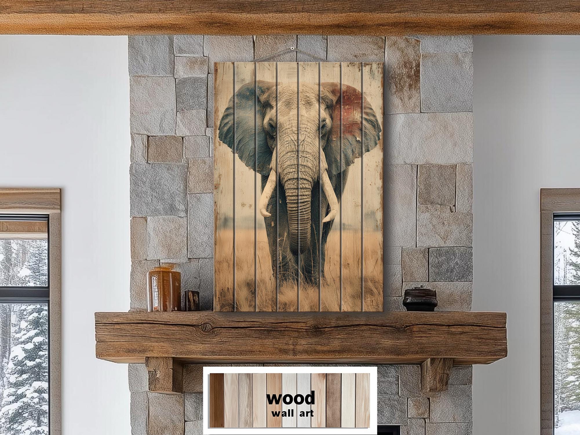 African Elephant Distressed Wood Wall Art  For Man Cave Decor