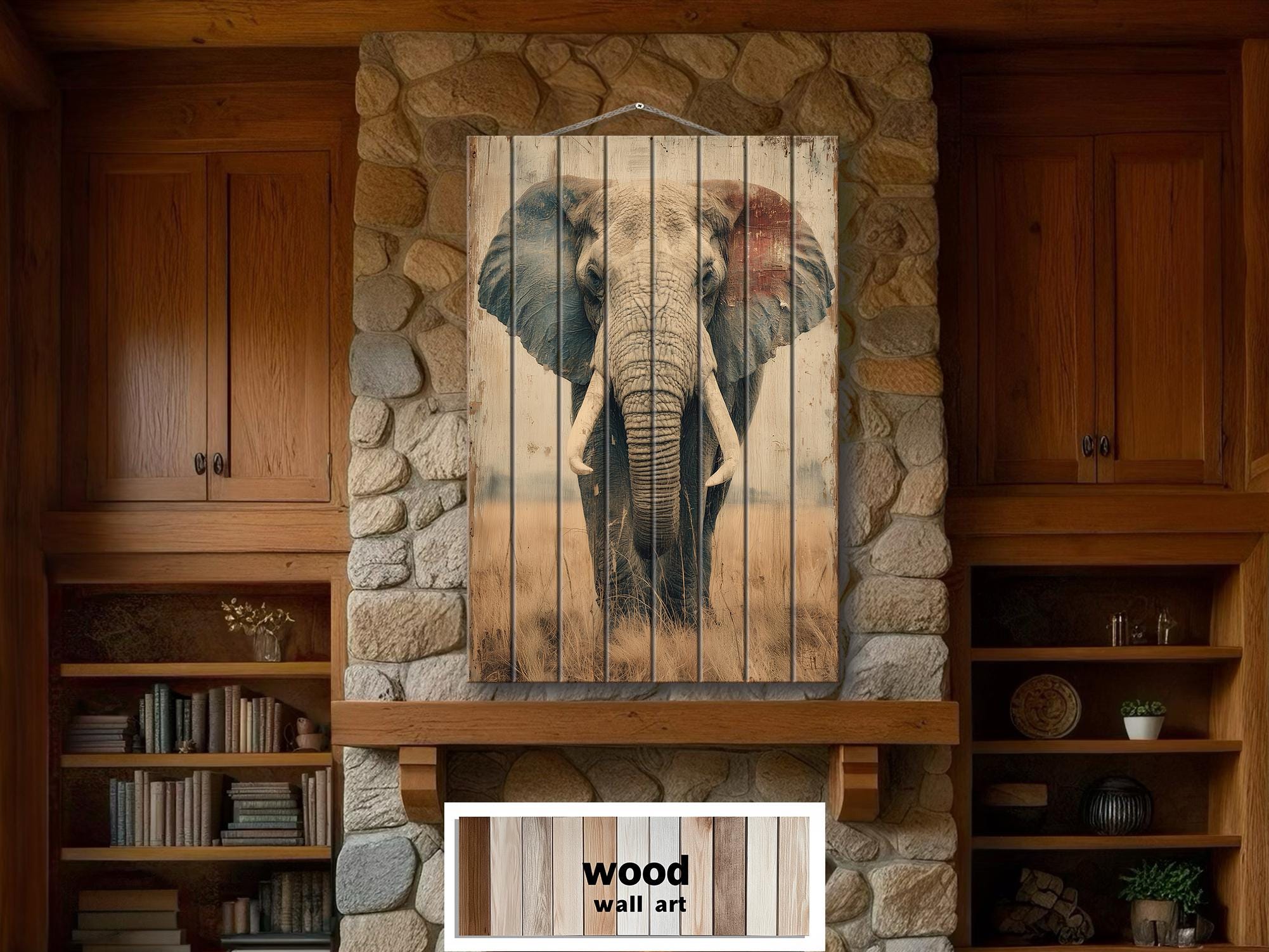African Elephant Distressed Wood Wall Art  For Man Cave Decor