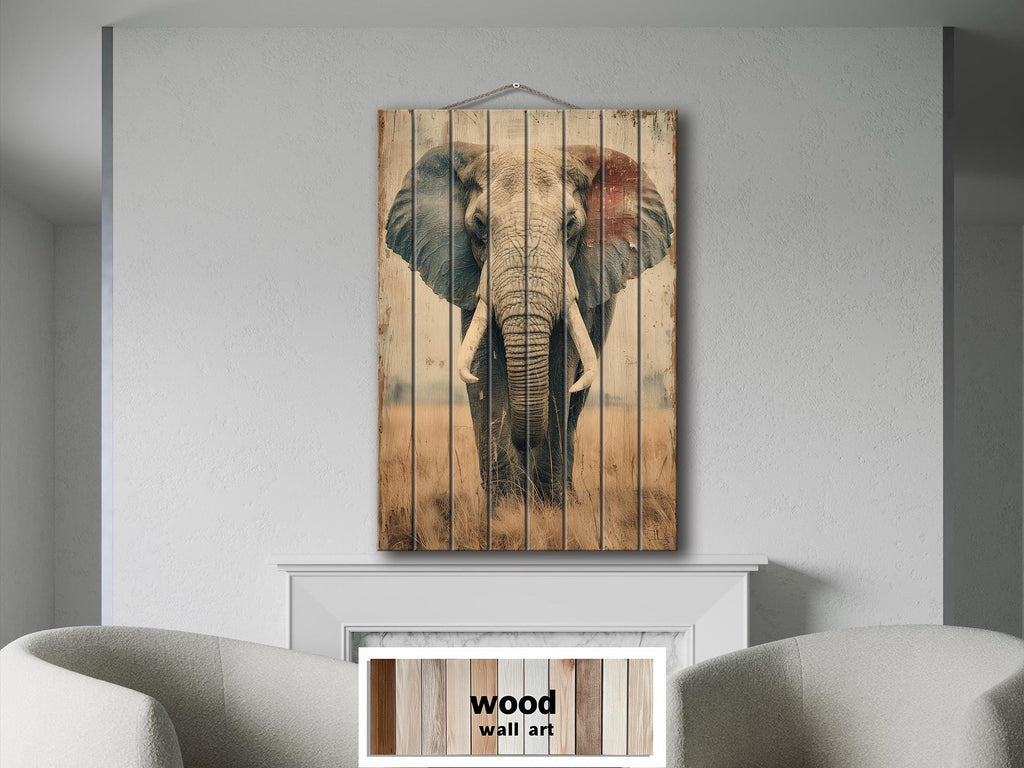 African Elephant Distressed Wood Wall Art  For Man Cave Decor