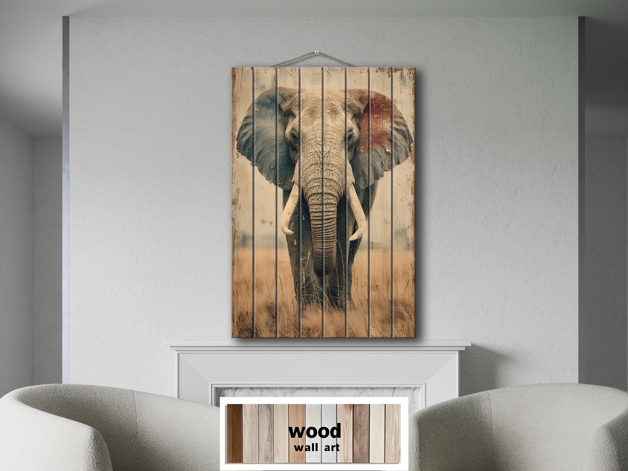 African Elephant Distressed Wood Wall Art  For Man Cave Decor