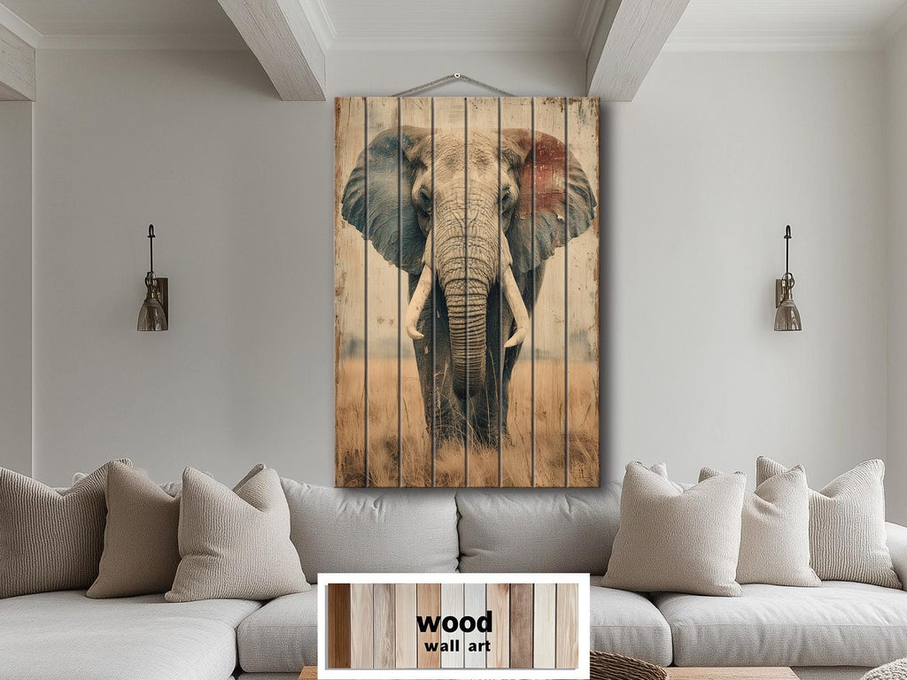 African Elephant Distressed Wood Wall Art  For Man Cave Decor
