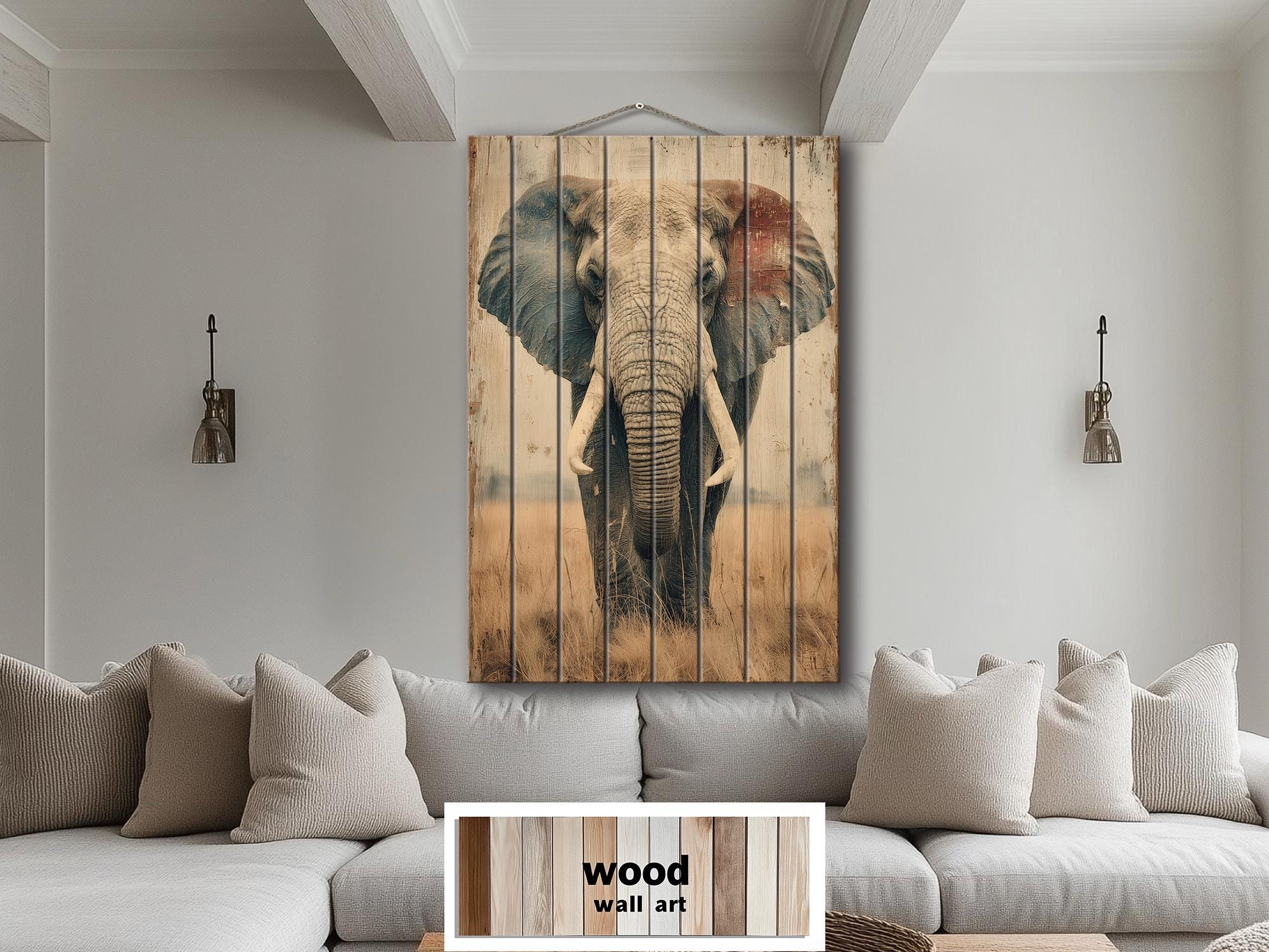 African Elephant Distressed Wood Wall Art  For Man Cave Decor
