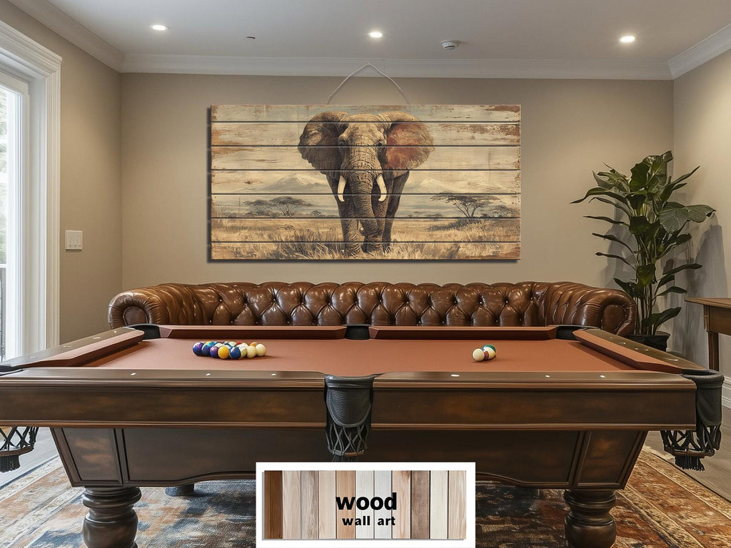 African Elephant Wall Art - Distressed Wood Plank Artwork | Wildlife Decor