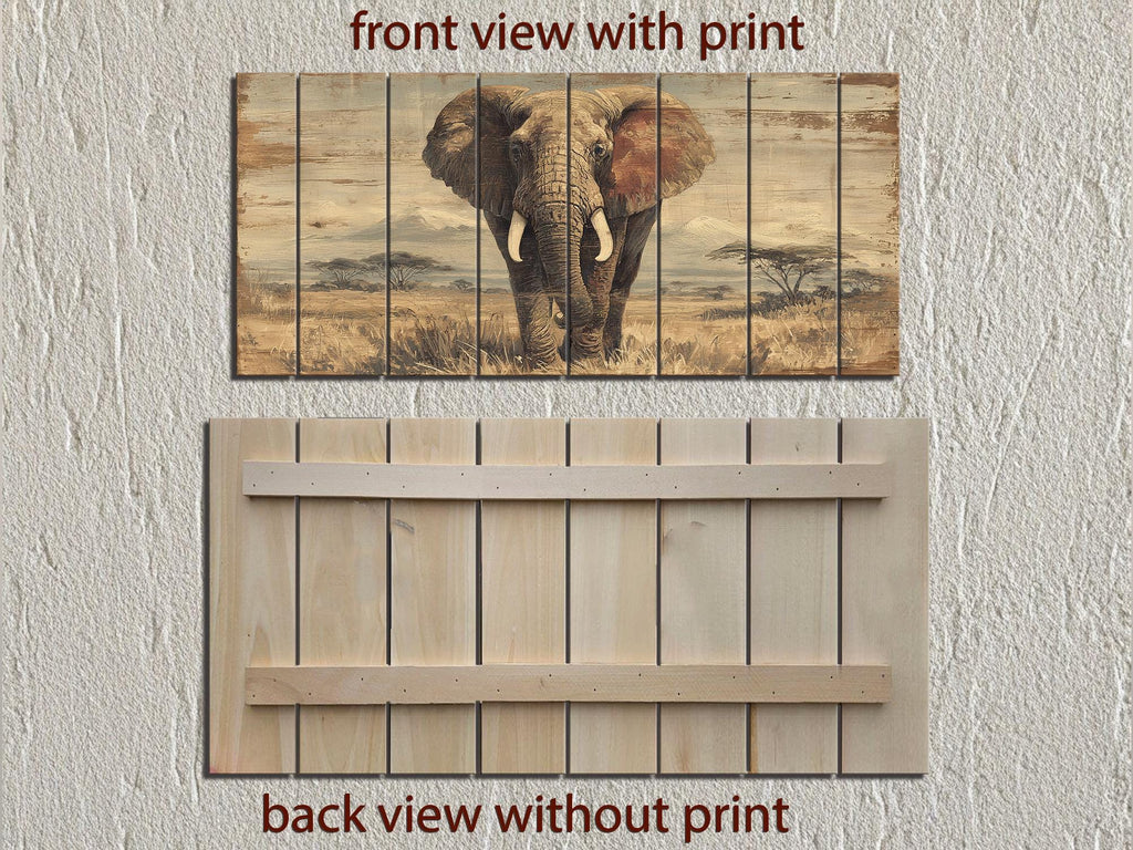 African Elephant Wall Art - Distressed Wood Plank Artwork | Wildlife Decor
