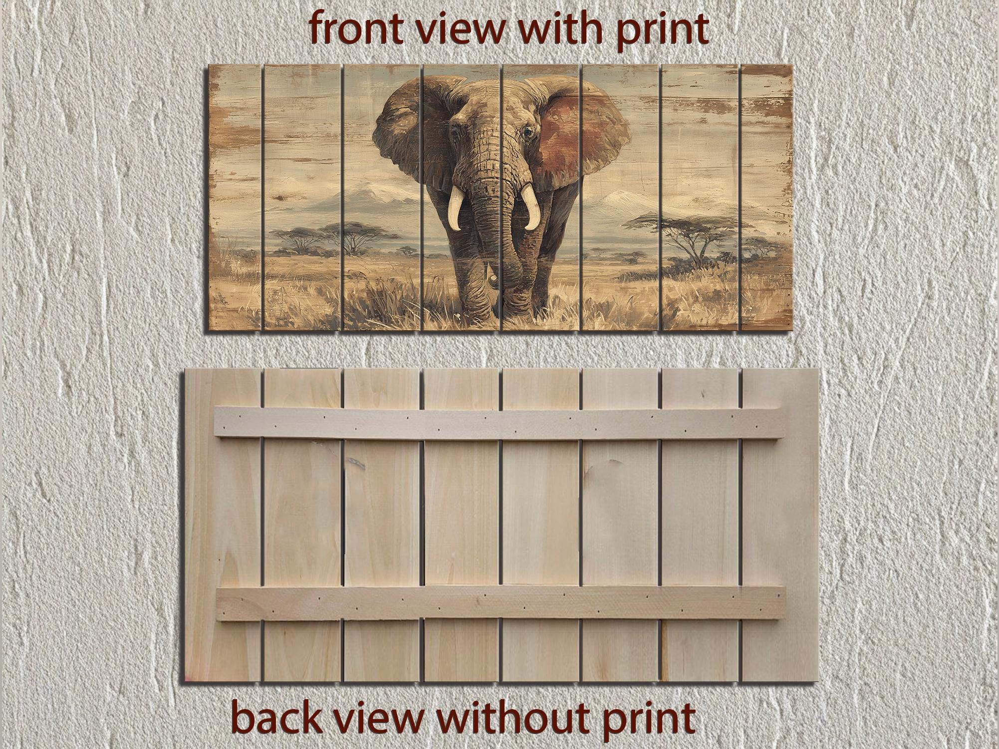 African Elephant Wall Art - Distressed Wood Plank Artwork | Wildlife Decor