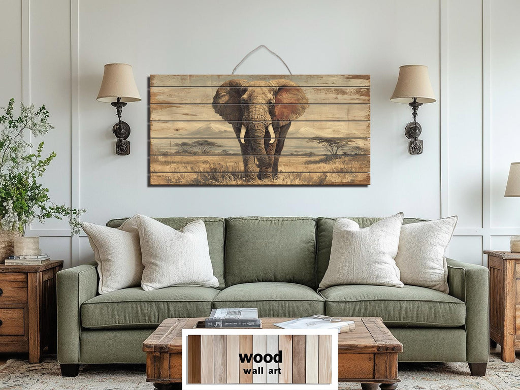 African Elephant Wall Art - Distressed Wood Plank Artwork | Wildlife Decor