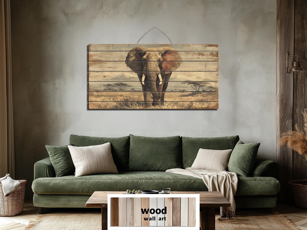African Elephant Wall Art - Distressed Wood Plank Artwork | Wildlife Decor